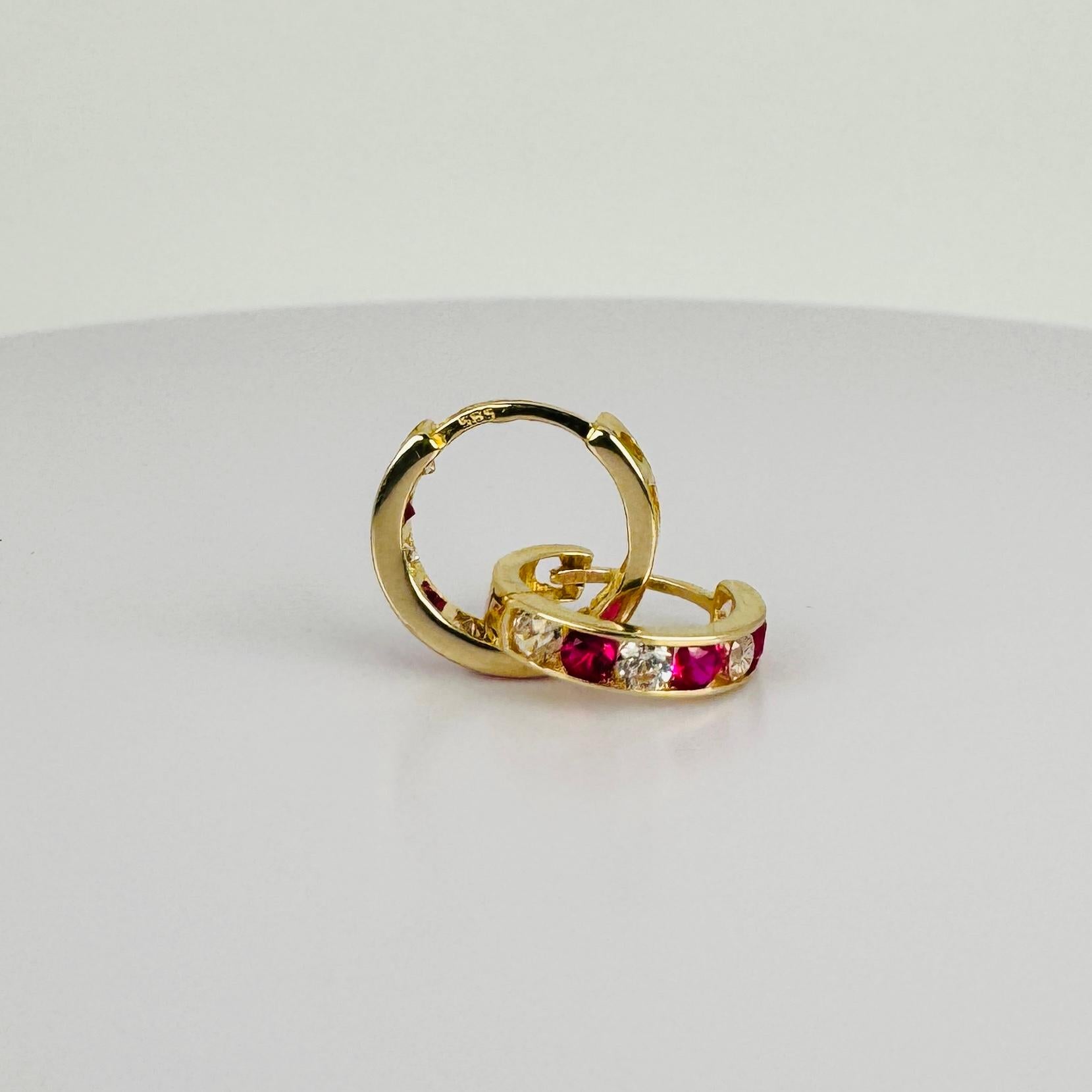 Hoop Earrings 14k Yellow Gold with Rubies Diamonds im Angebot 4