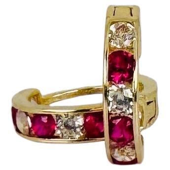 Hoop Earrings 14k Yellow Gold with Rubies Diamonds