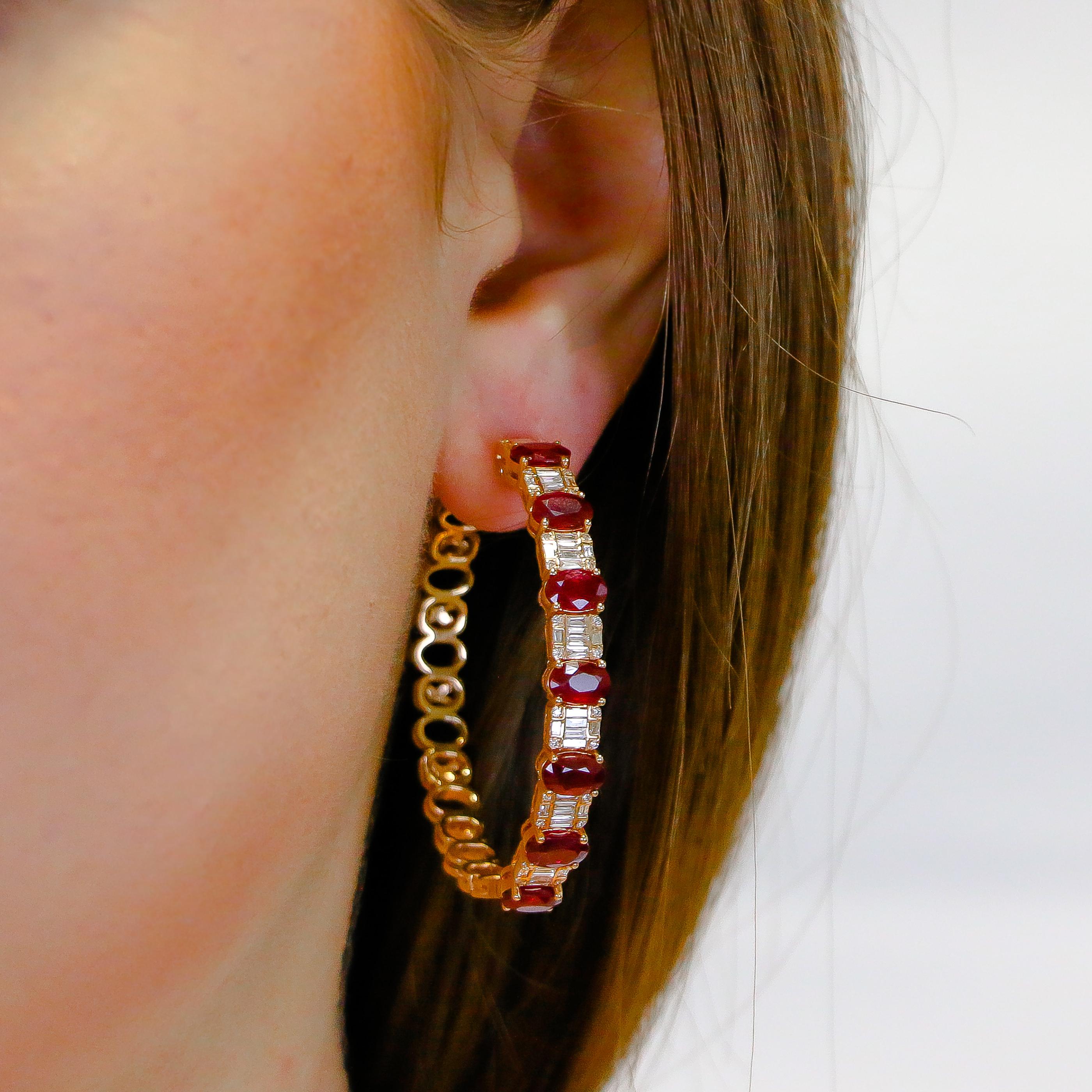 Oval Cut Hoop Earrings 8.39 Carat Rubies and 1.14 Carat Diamonds 18 Karat Gold