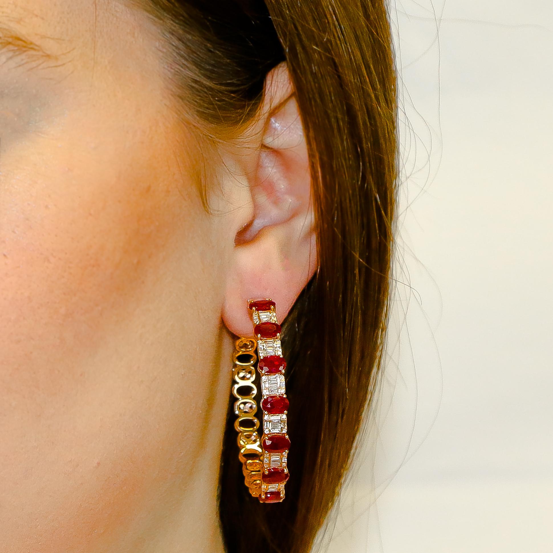 Women's Hoop Earrings 8.39 Carat Rubies and 1.14 Carat Diamonds 18 Karat Gold