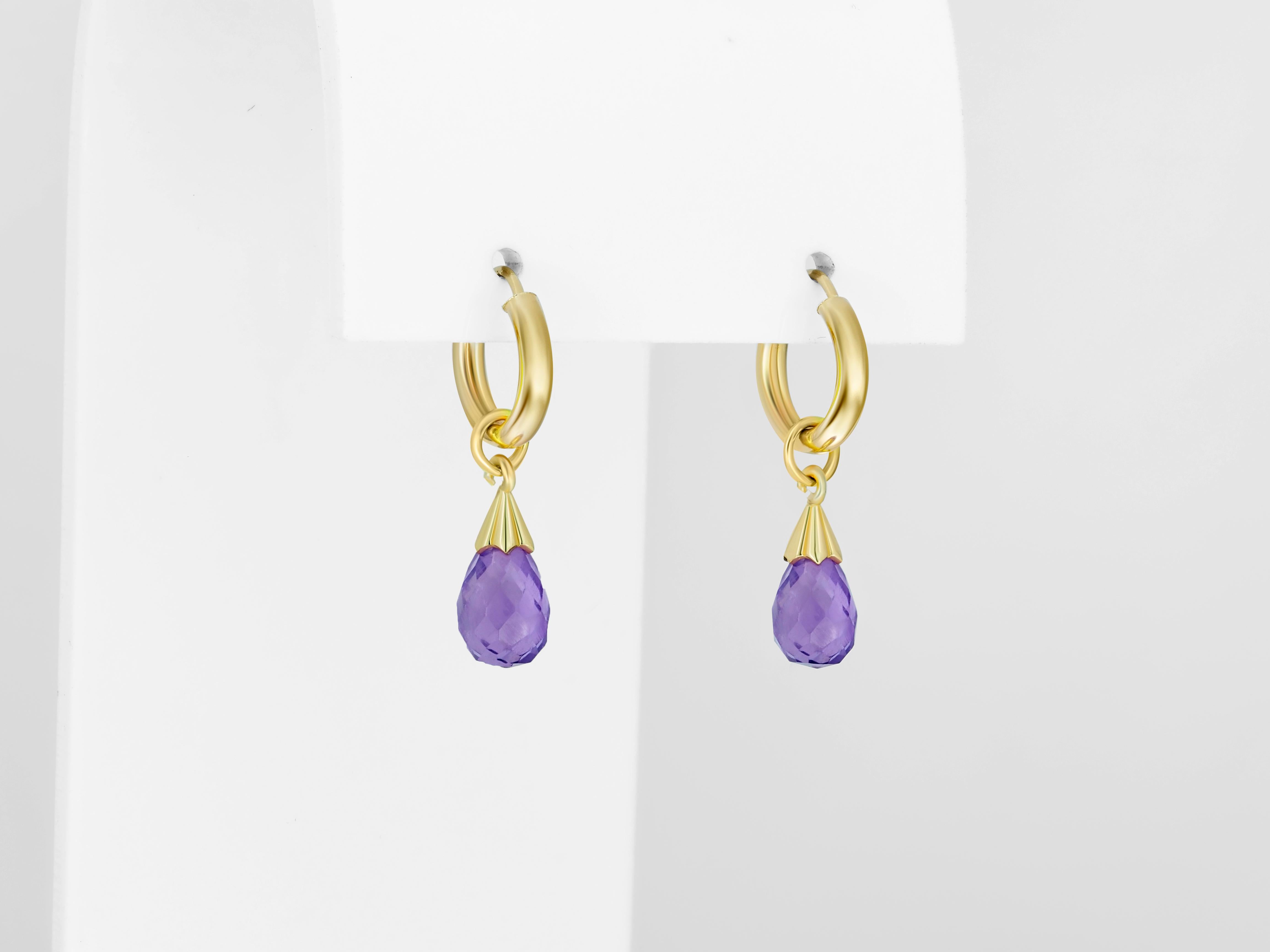 Modern Hoop Earrings and Amethyst Briolette Charms in 14k Gold For Sale