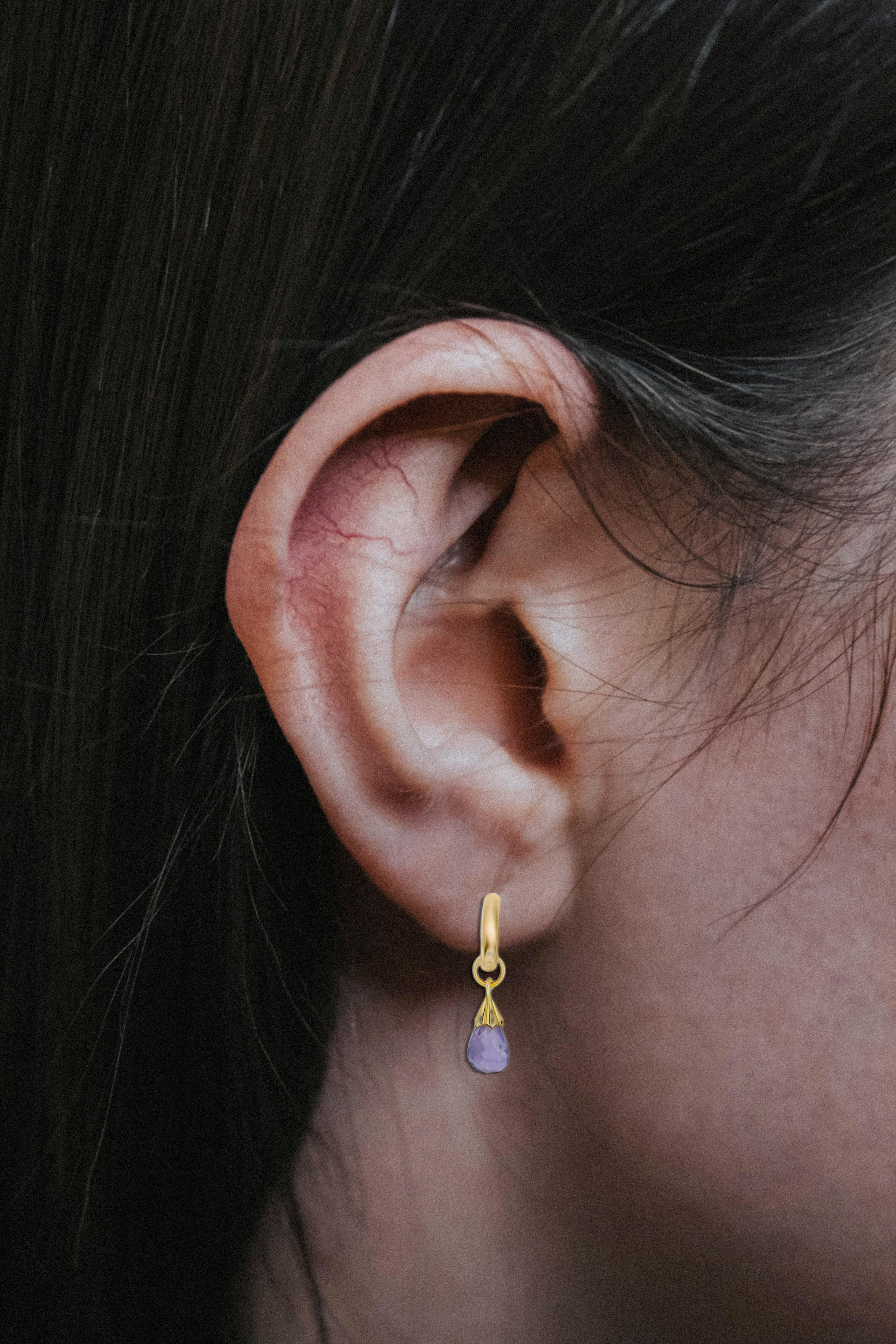 Women's Hoop Earrings and Amethyst Briolette Charms in 14k Gold For Sale
