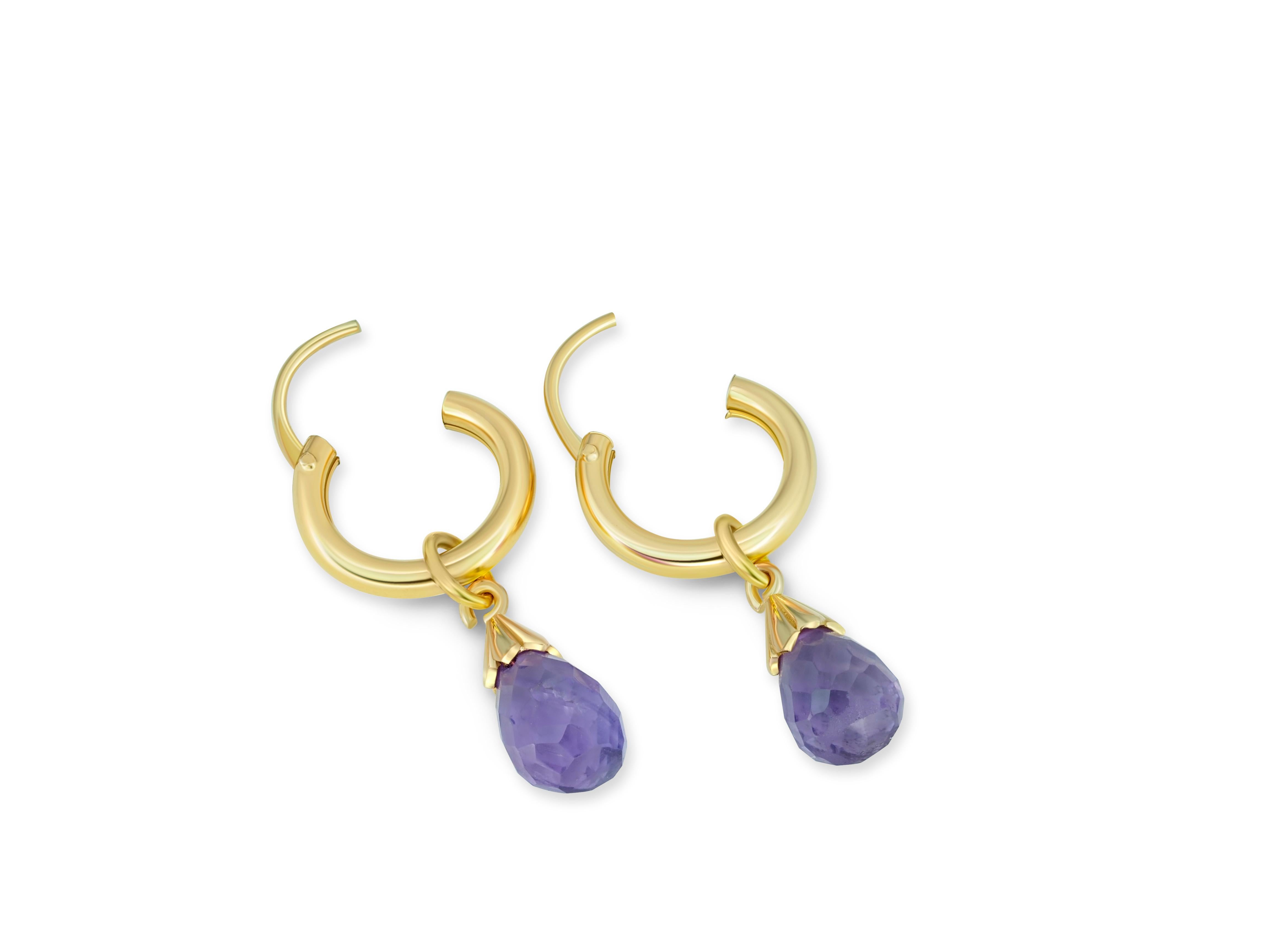 Hoop Earrings and Amethyst Briolette Charms in 14k Gold For Sale 2