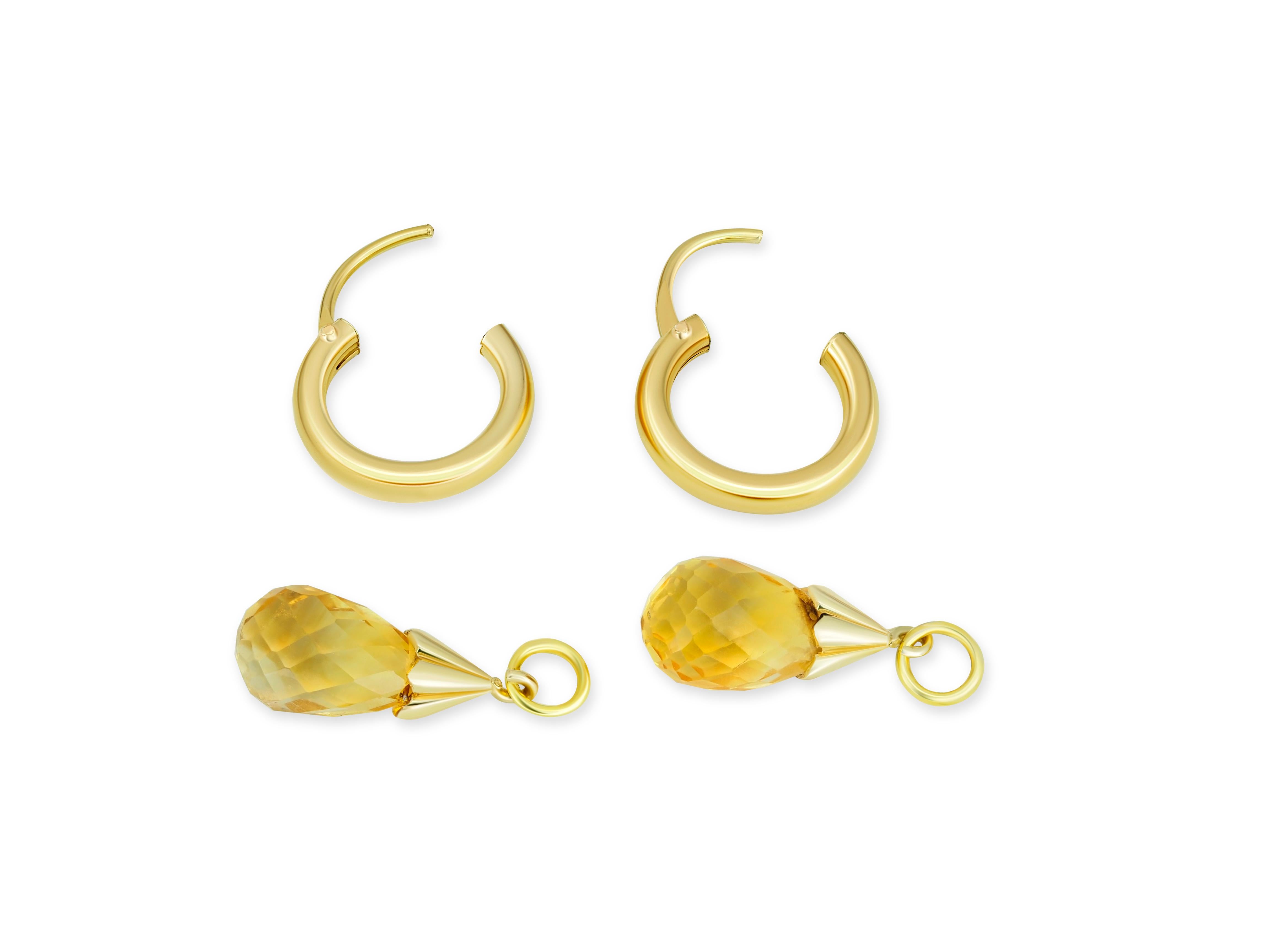 Modern Hoop Earrings and Citrine Briolette Charms in 14k Gold For Sale
