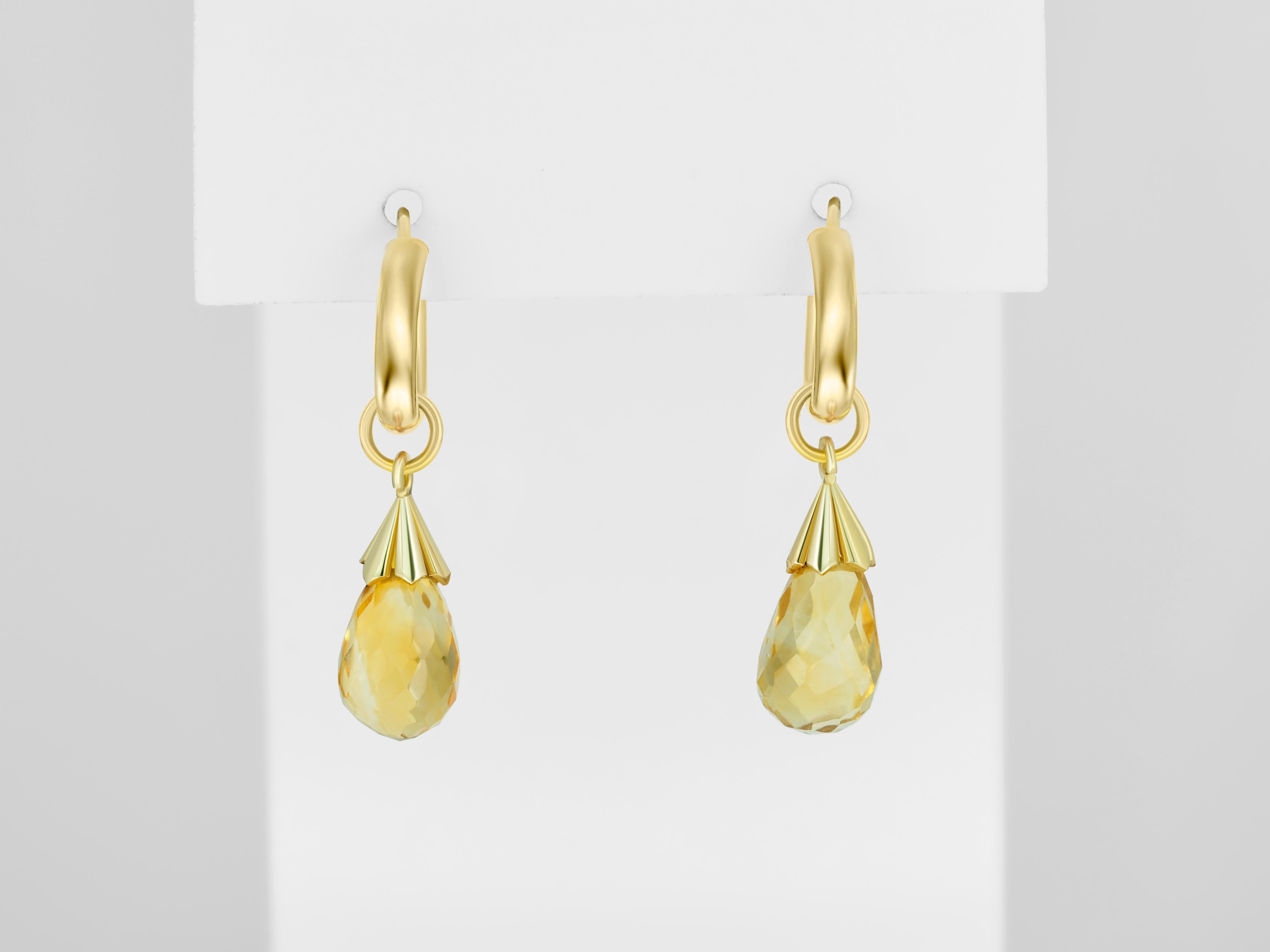 Modern Hoop Earrings and Citrine Briolette Charms in 14k Gold For Sale
