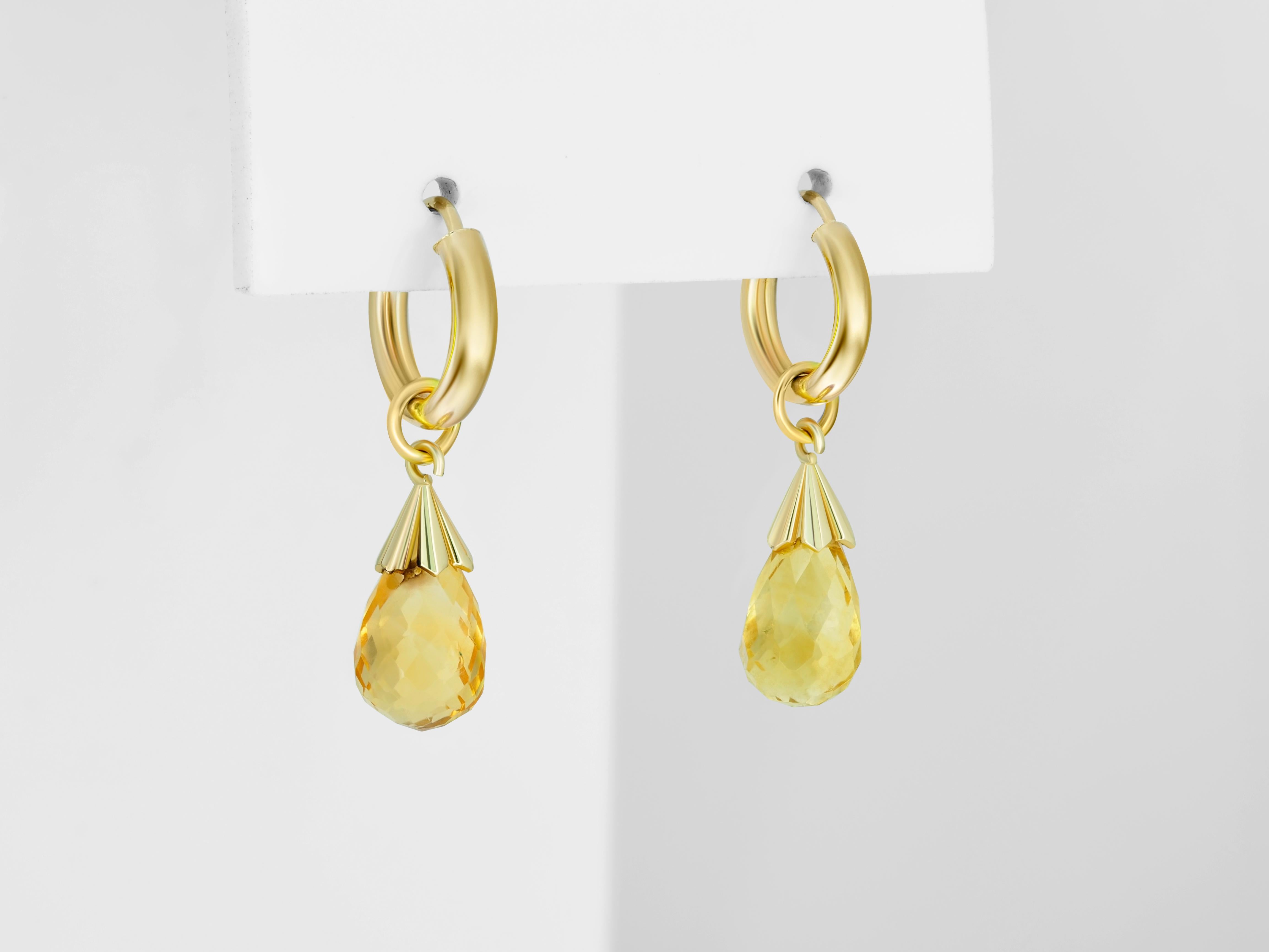 Women's Hoop Earrings and Citrine Briolette Charms in 14k Gold For Sale
