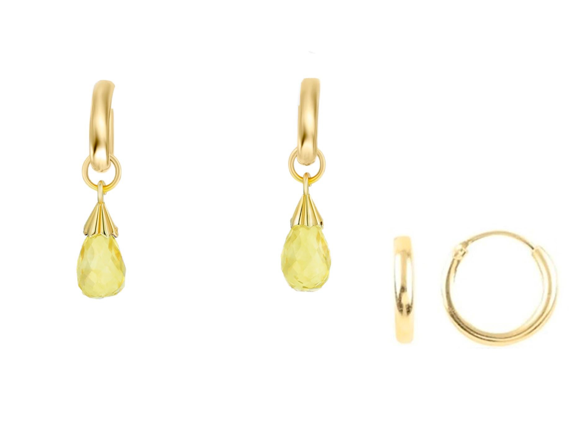 Hoop Earrings and Citrine Briolette Charms in 14k Gold For Sale 1