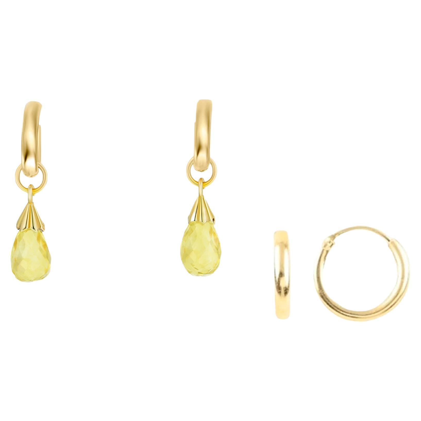 Hoop Earrings and Citrine Briolette Charms in 14k Gold For Sale