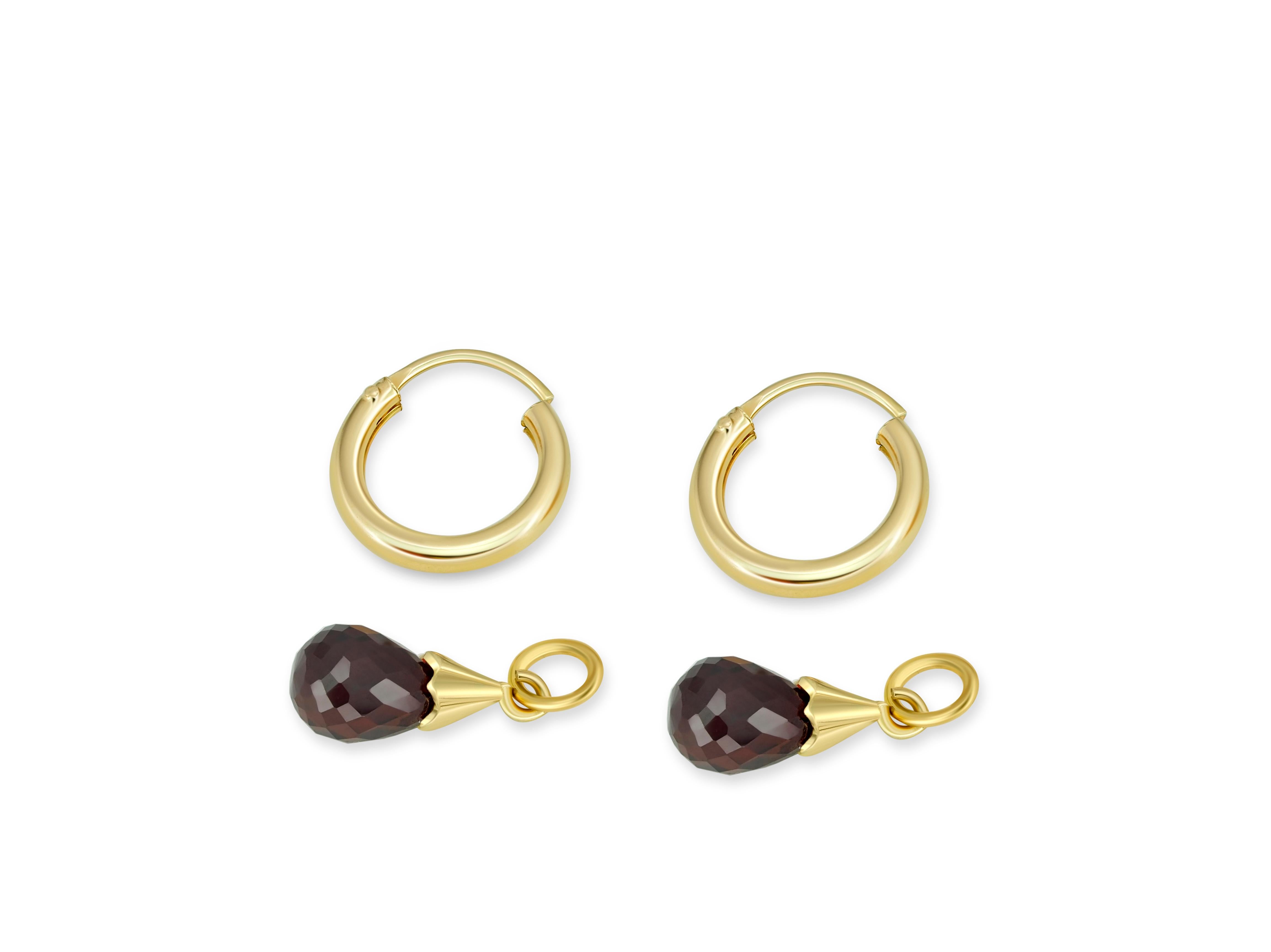Modern Hoop Earrings and Garnet Briolette Charms in 14k Gold For Sale