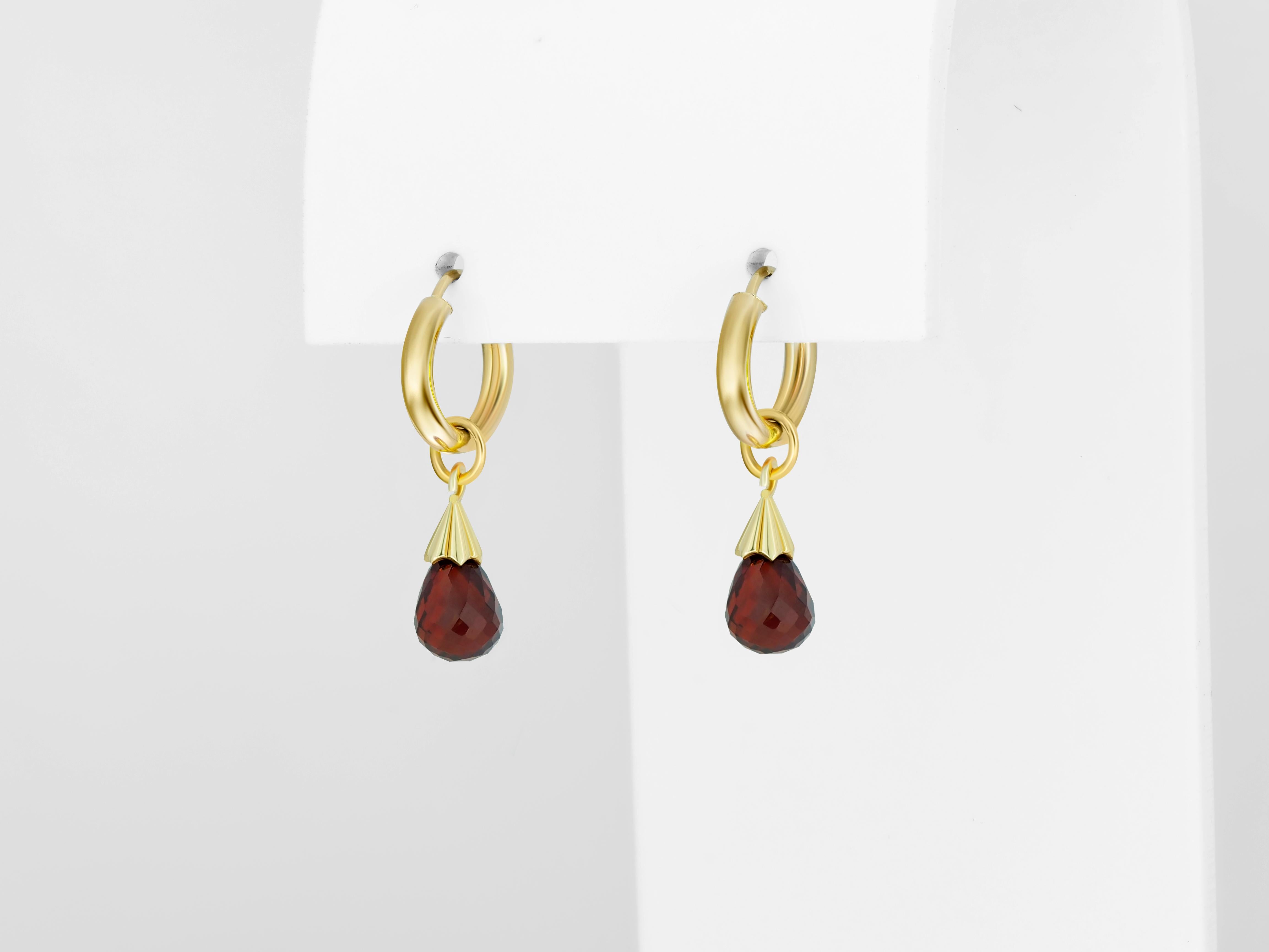 Women's Hoop Earrings and Garnet Briolette Charms in 14k Gold For Sale