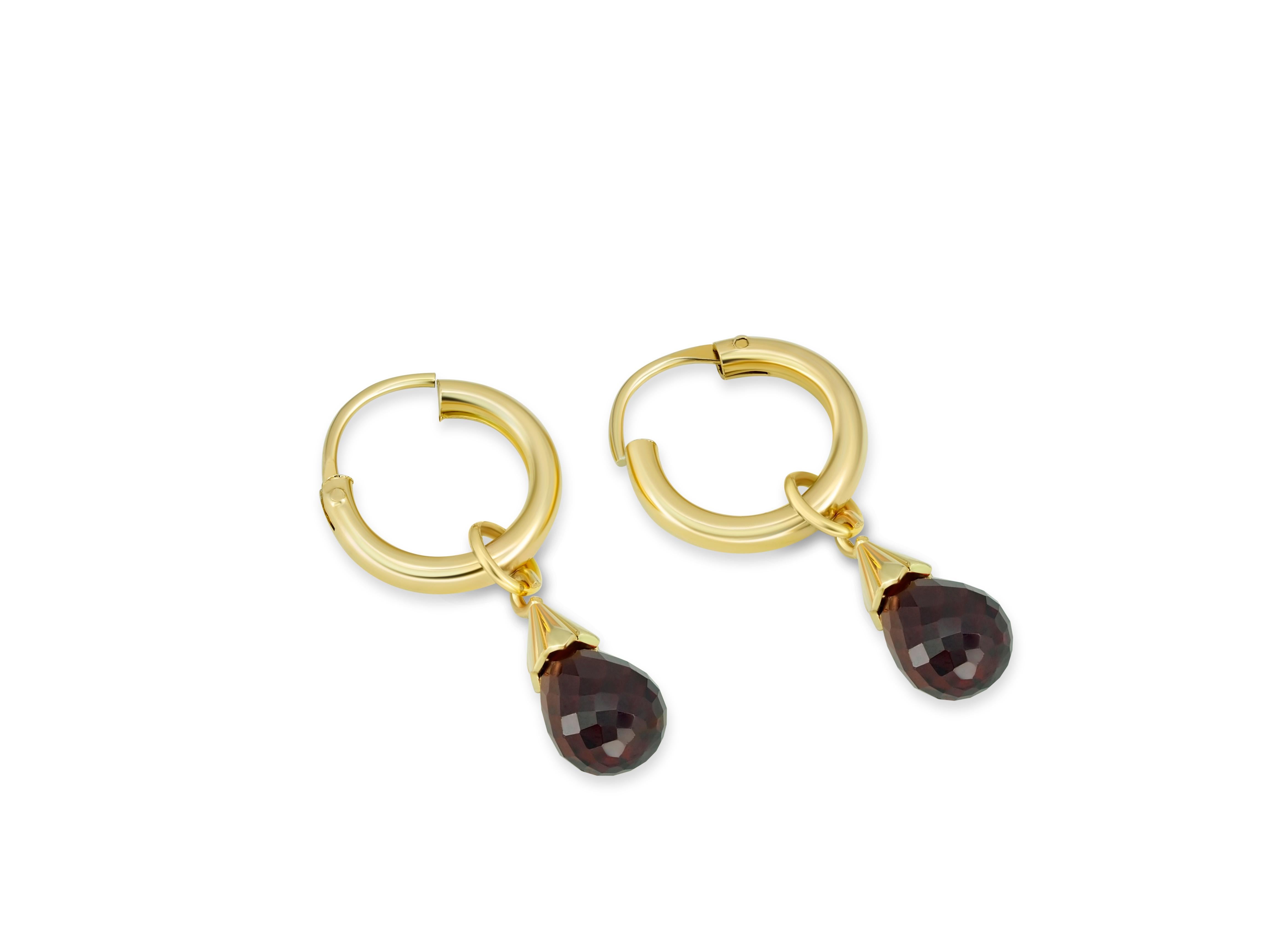 Hoop Earrings and Garnet Briolette Charms in 14k Gold For Sale 1