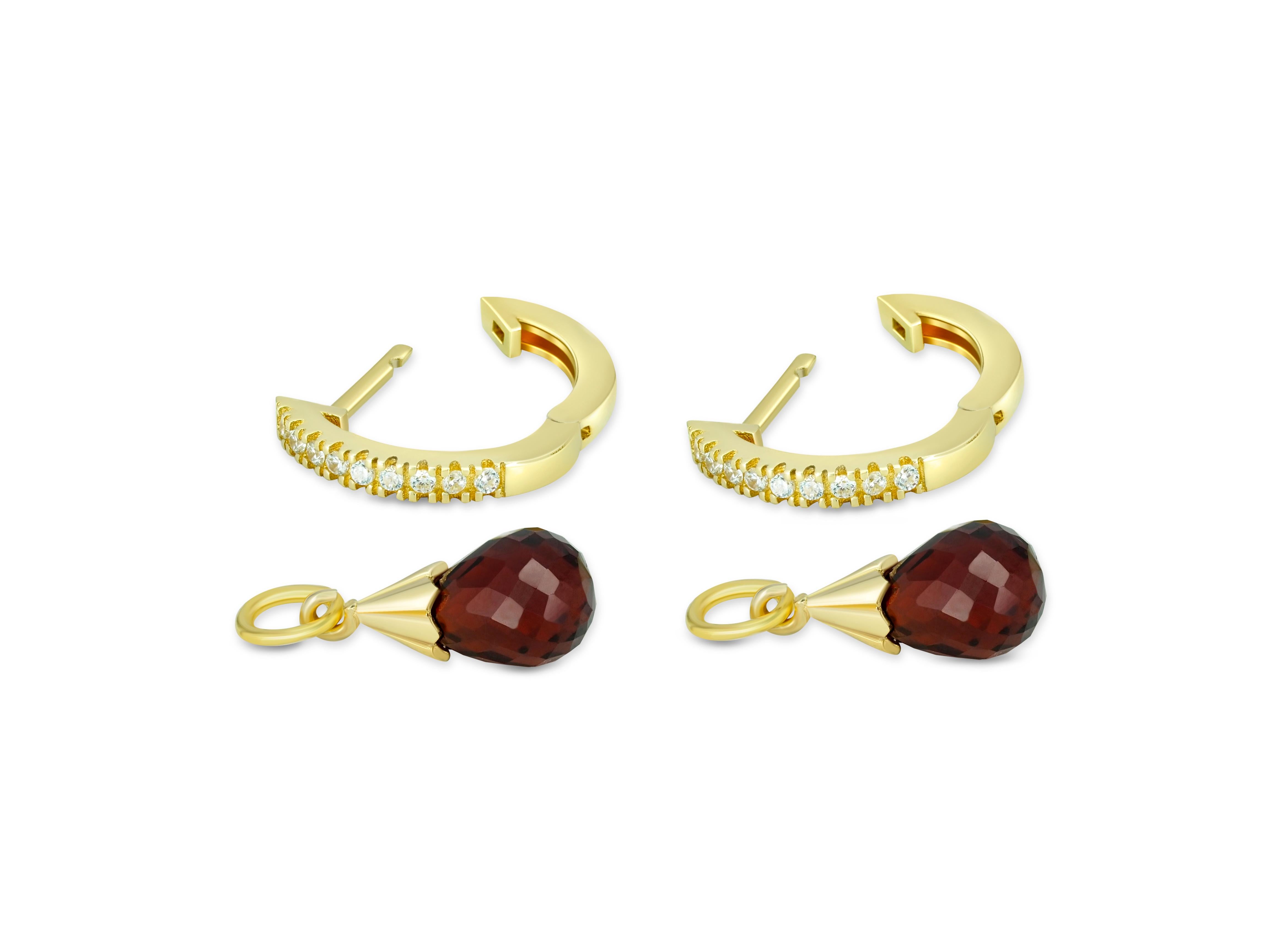 Hoop Earrings and Garnet Briolette Charms in 14k Gold For Sale 1