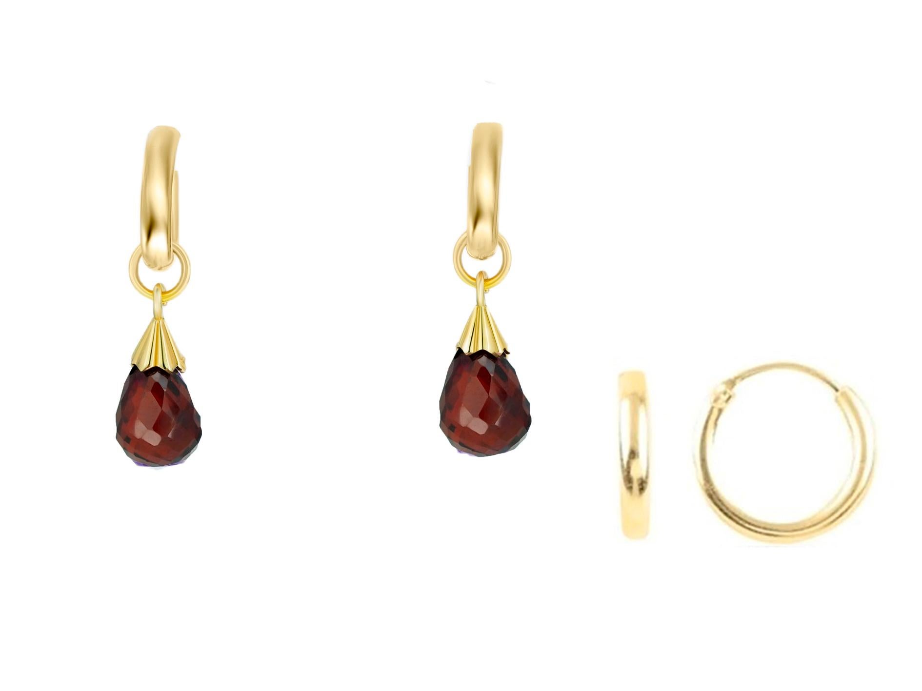 Hoop Earrings and Garnet Briolette Charms in 14k Gold For Sale 2
