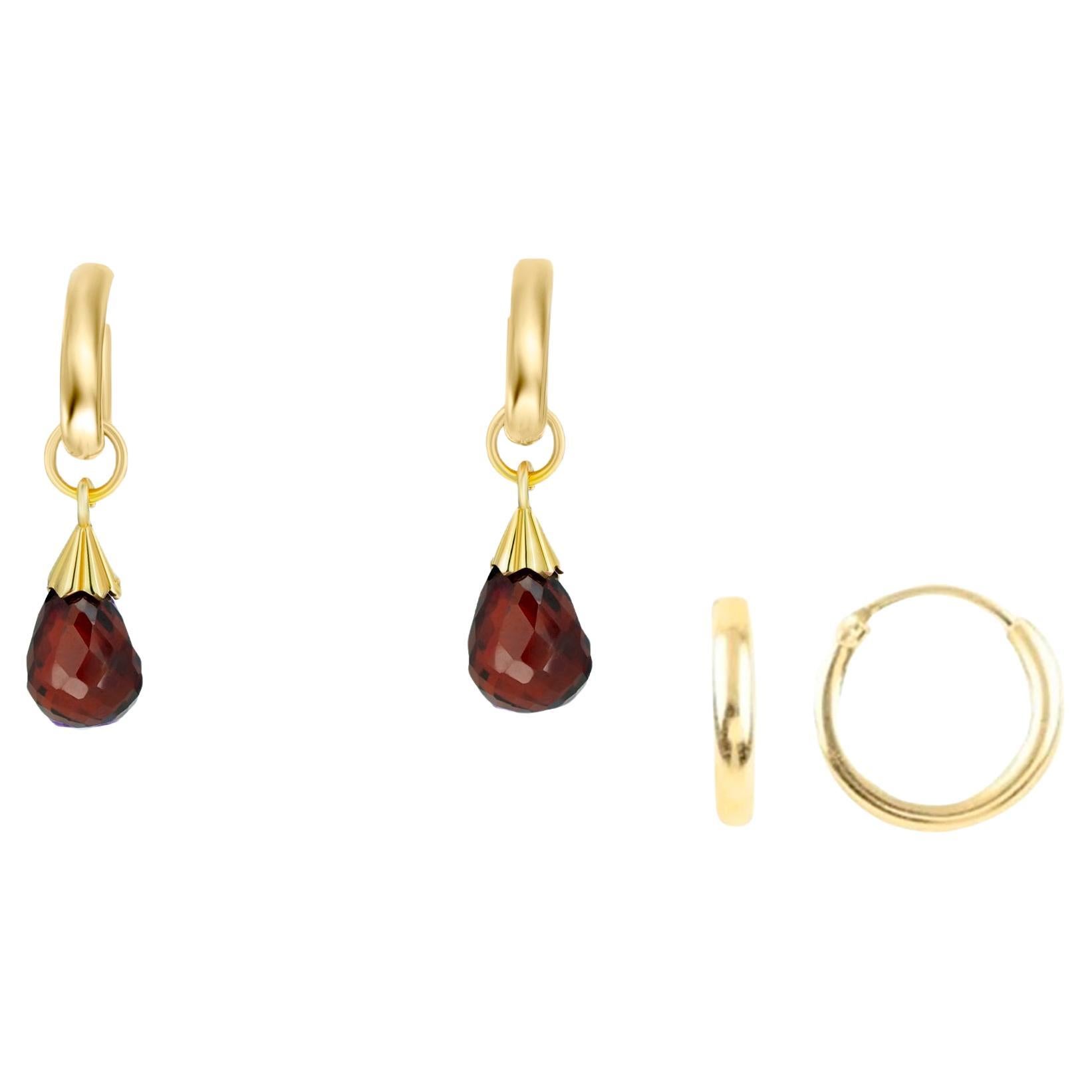 Hoop Earrings and Garnet Briolette Charms in 14k Gold For Sale