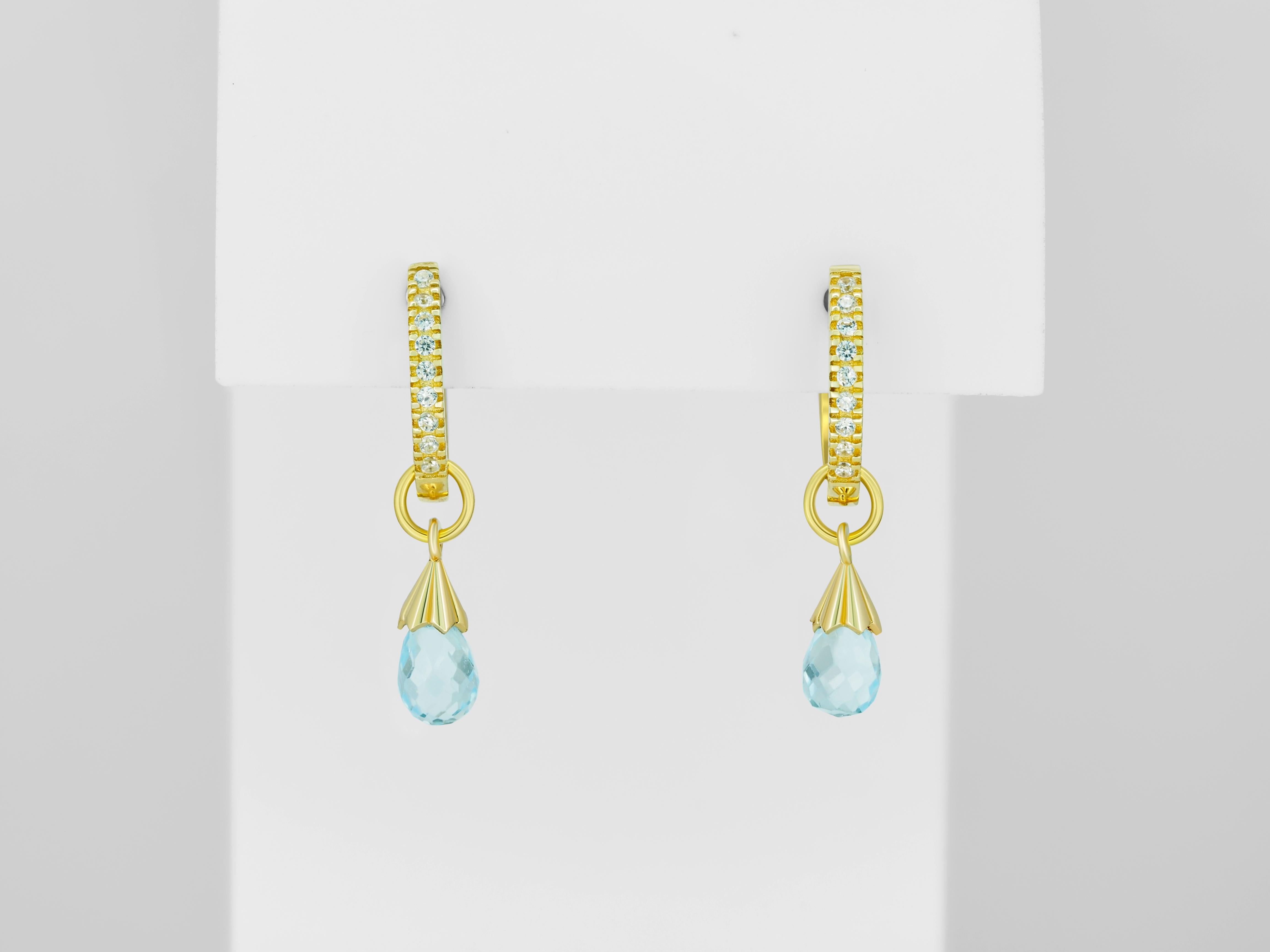 Modern Hoop Earrings and Topaz Briolette Charms in 14k Gold For Sale