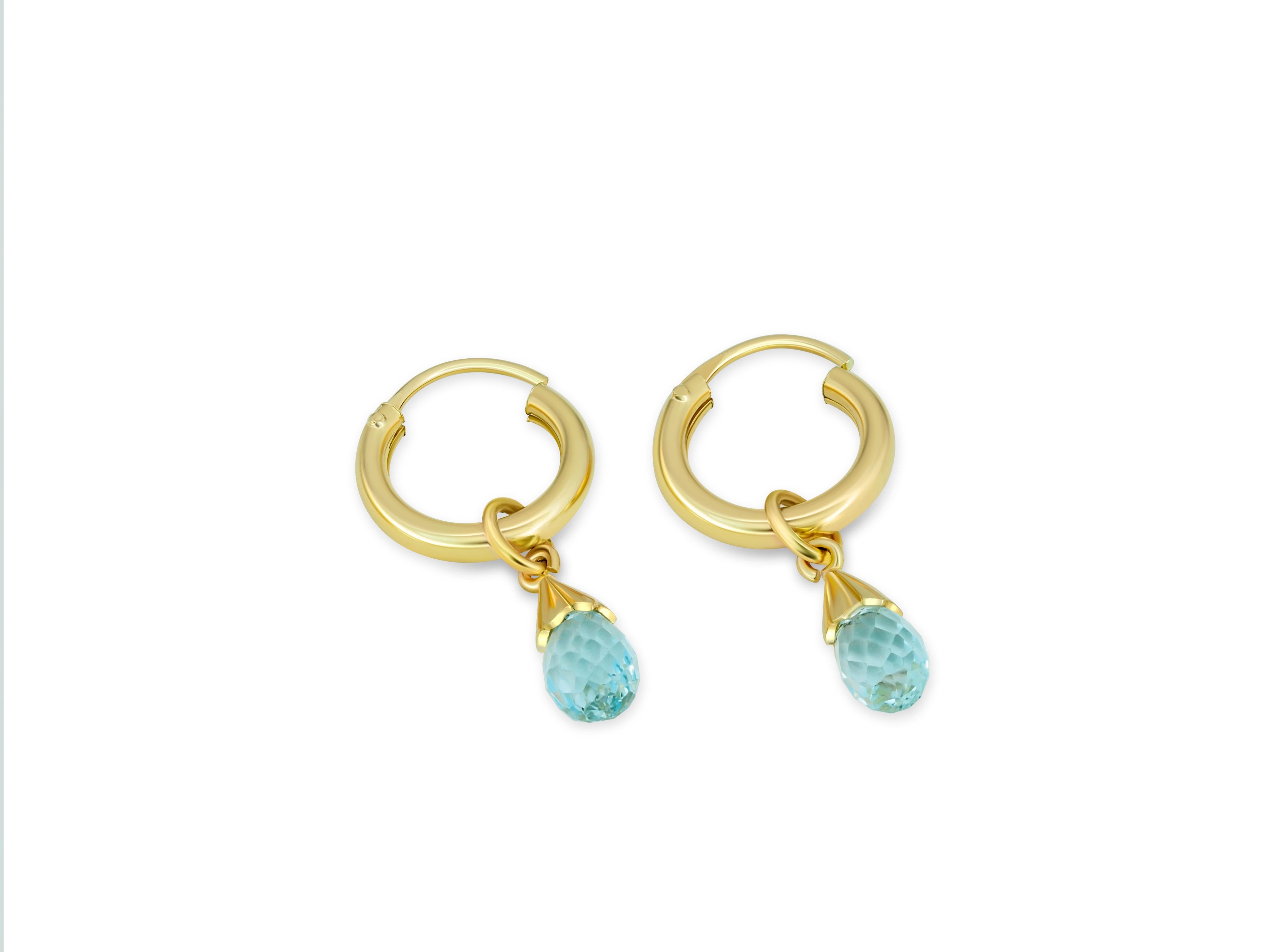 Modern Hoop Earrings and Topazs Briolette Charms in 14k Gold For Sale