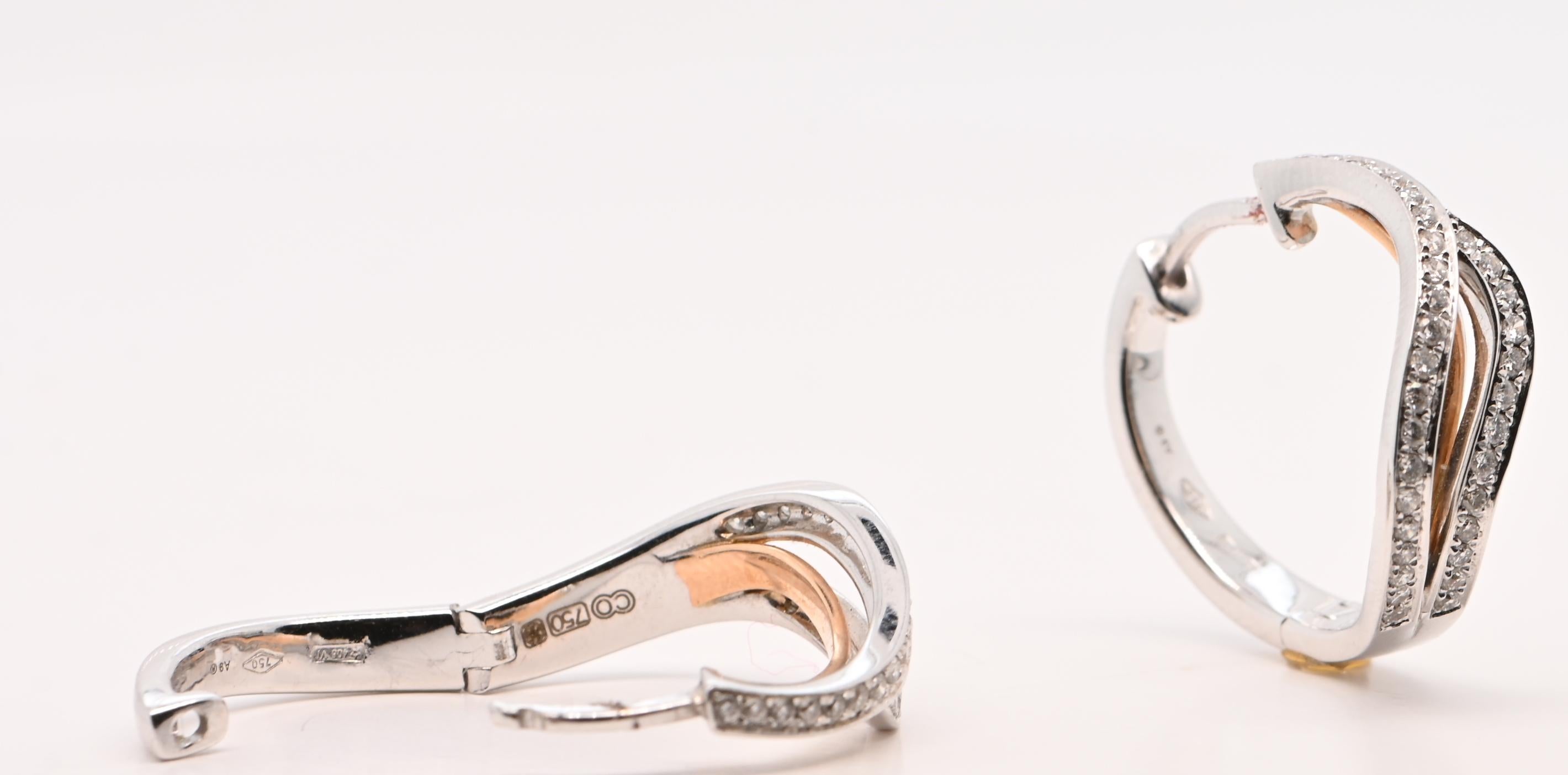 Brilliant Cut Hoop Earrings, Diamonds 0 . 310 Carats, Two-Tones Gold 18K For Sale
