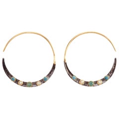 Hoop Earrings Emerald Turquoises, Pearls, 14 Karat Gold, Oxidized Serling Silver