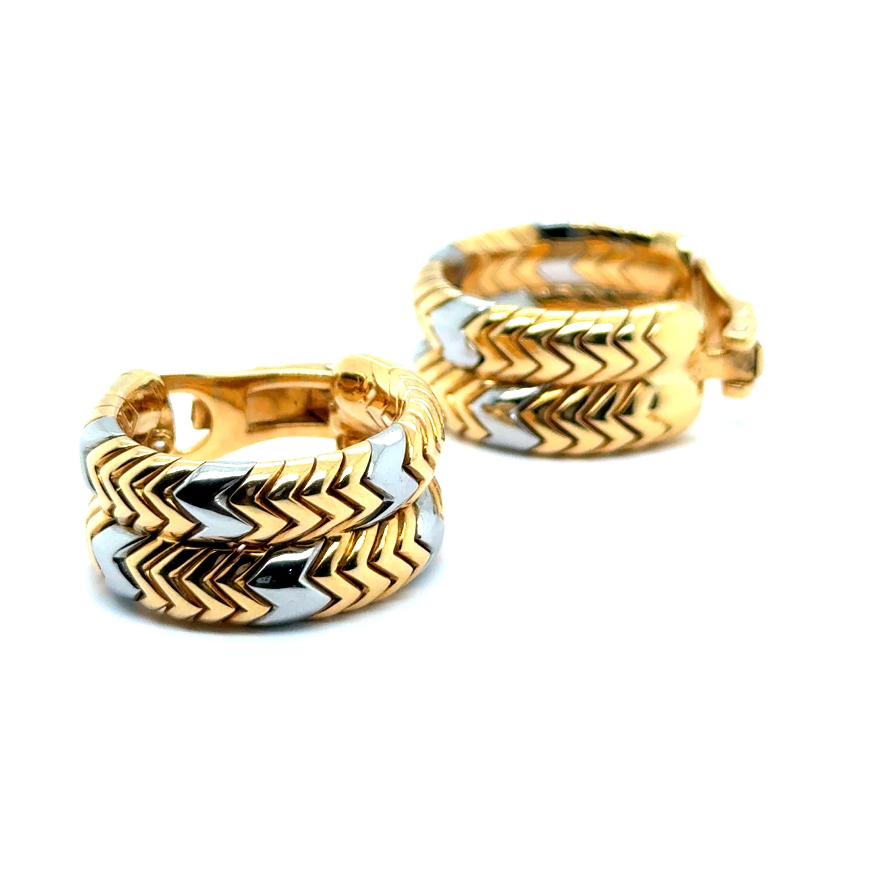 Modern Hoop Earrings from Spiga Collection in 18 Karat Yellow and White Gold by Bvlgari For Sale