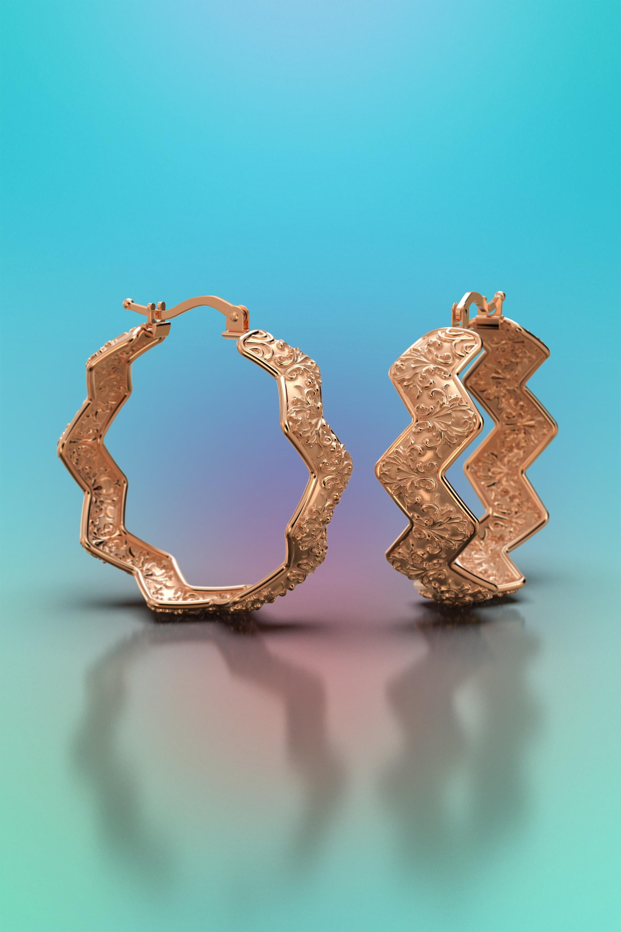 Hoop Earrings in 14k Gold Made in Italy by Oltremare Gioielli, Baroque Earrings For Sale 1