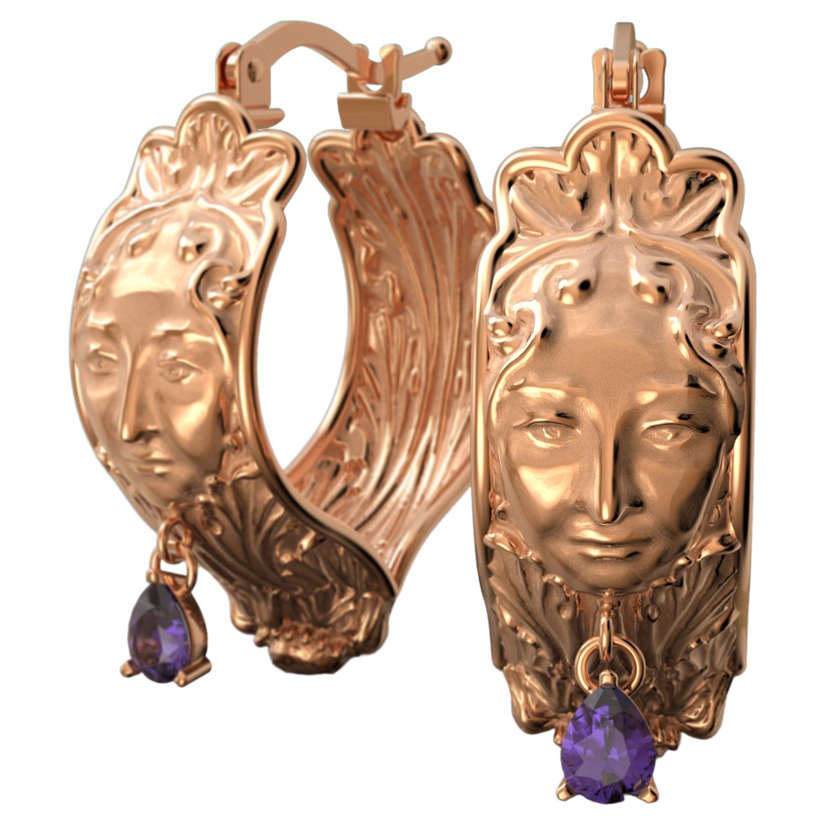 Hoop Earrings in 14k with Amethysts Made in Italy by Oltremare Gioielli For Sale