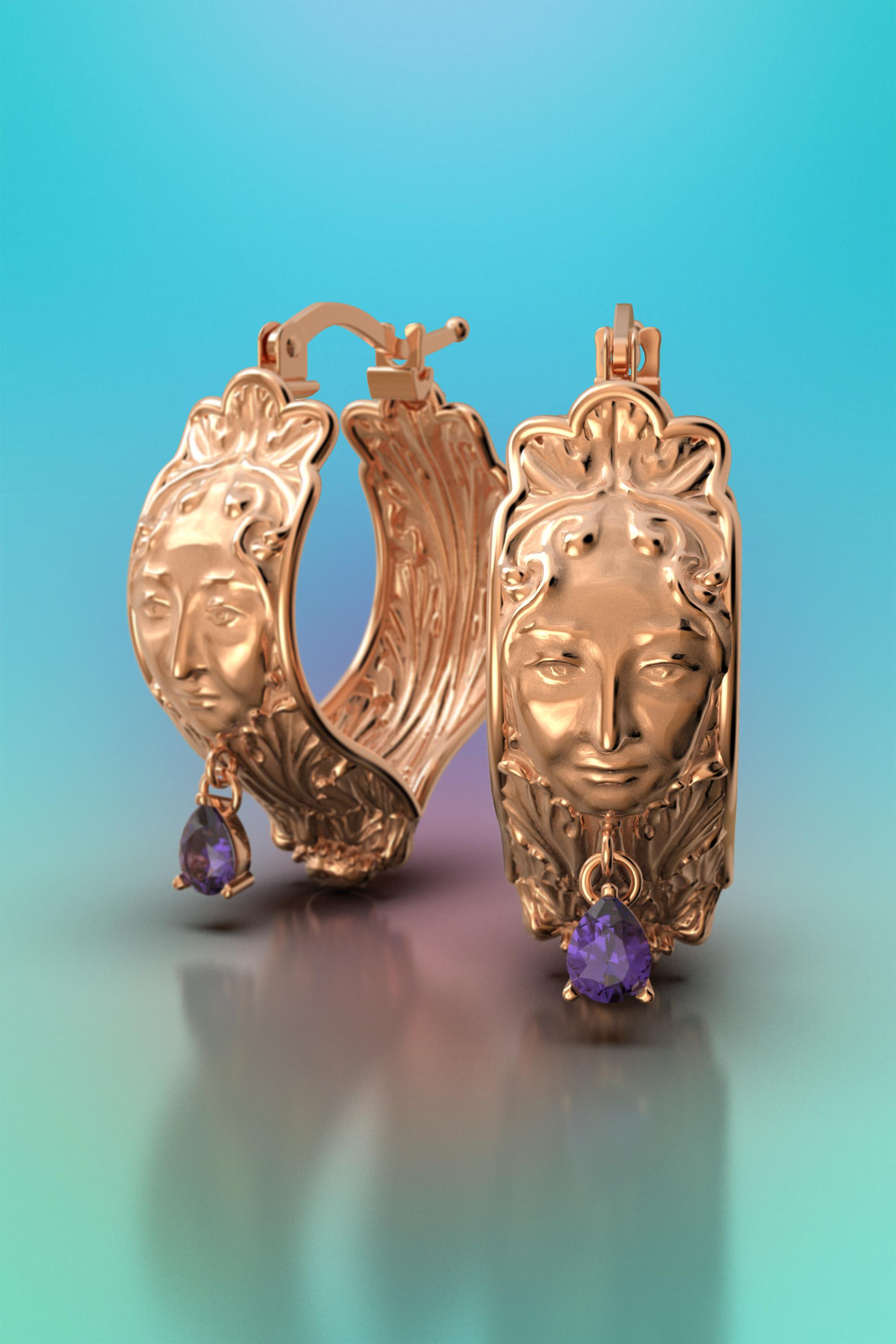 Orecchini scultura con ametiste naturali a forma di pera realizzati in oro massiccio 18k lucido e grezzo. 
Gli orecchini sono fissati da una fidata chiusura a scatto.
Dimensioni: 20 mm x 23 mm x 9 mm di grandezza
Pietre preziose (Ametiste naturali)