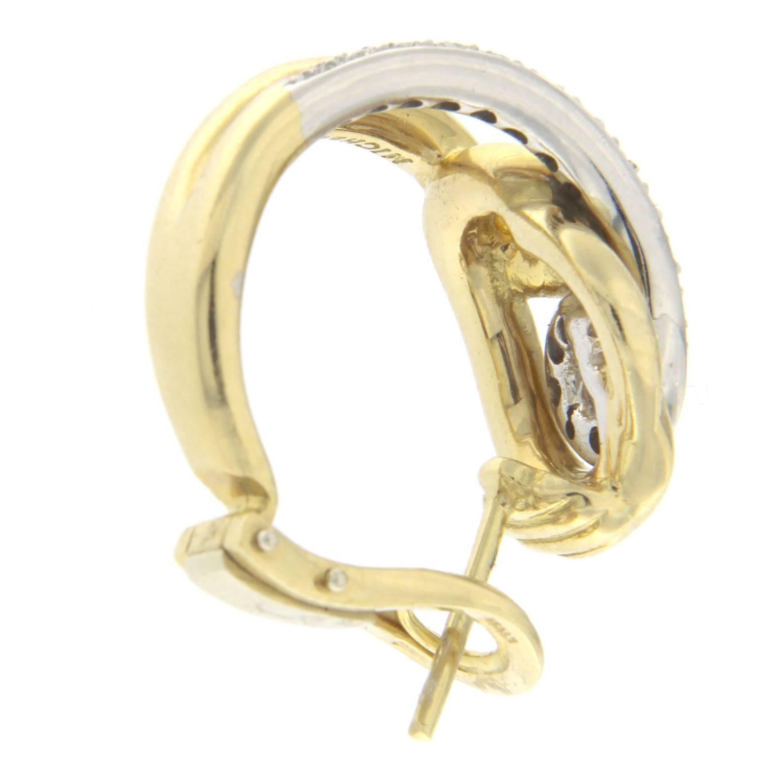 Boucles d'oreilles cerceau en or jaune et blanc avec diamants en vente 1
