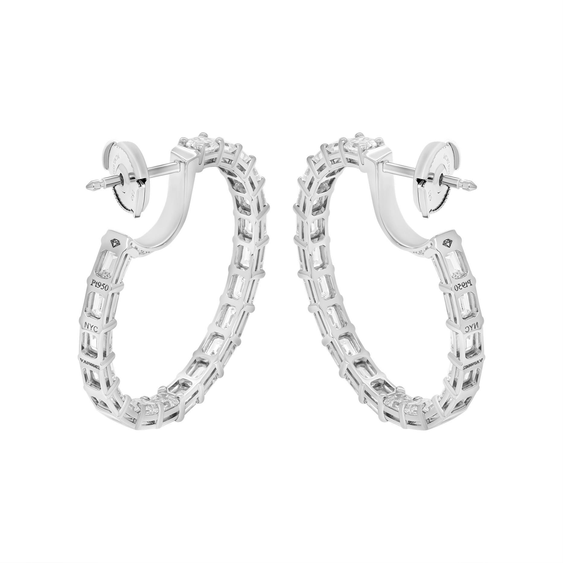 Modern Hoop Earrings with 6 Carat Emerald Cut Diamonds For Sale