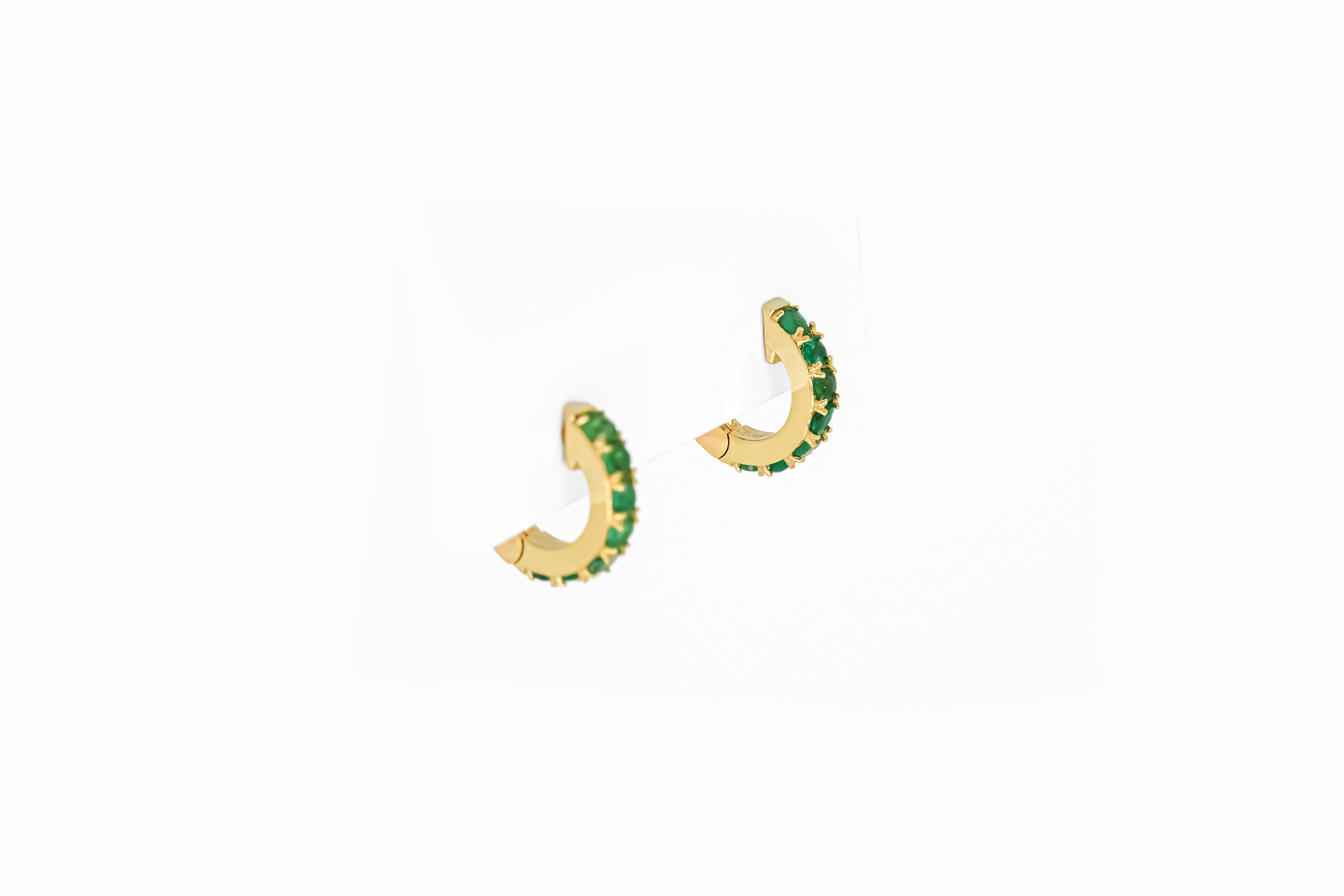 Hoop Earrings with Emeralds, Huggy Hoop Emerald Earrings in 14 Karat Gold For Sale 2