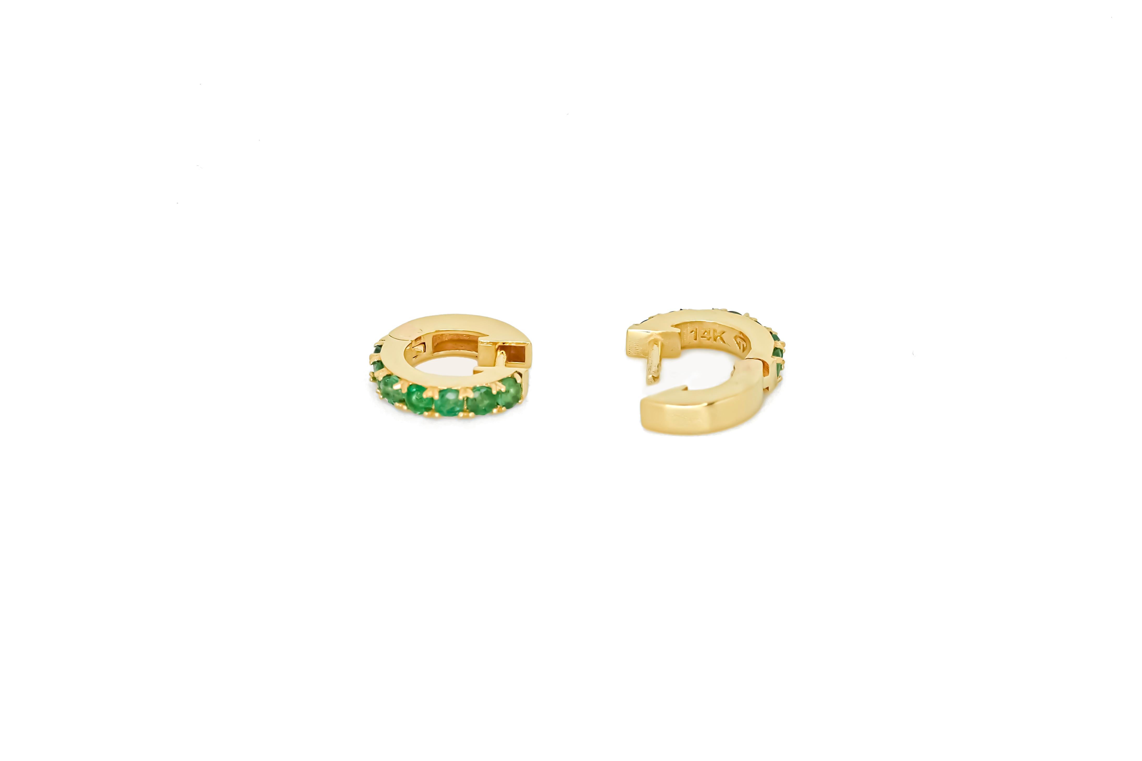 Hoop Earrings with Emeralds, Huggy Hoop Emerald Earrings in 14 Karat Gold For Sale 4