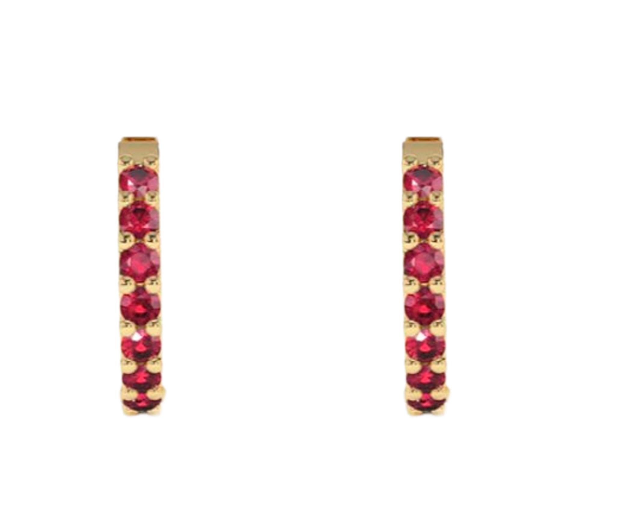 Modern Hoop Earrings with Lab Rubies, Huggy Hoop Ruby Earrings in 14 Karat Gold. For Sale