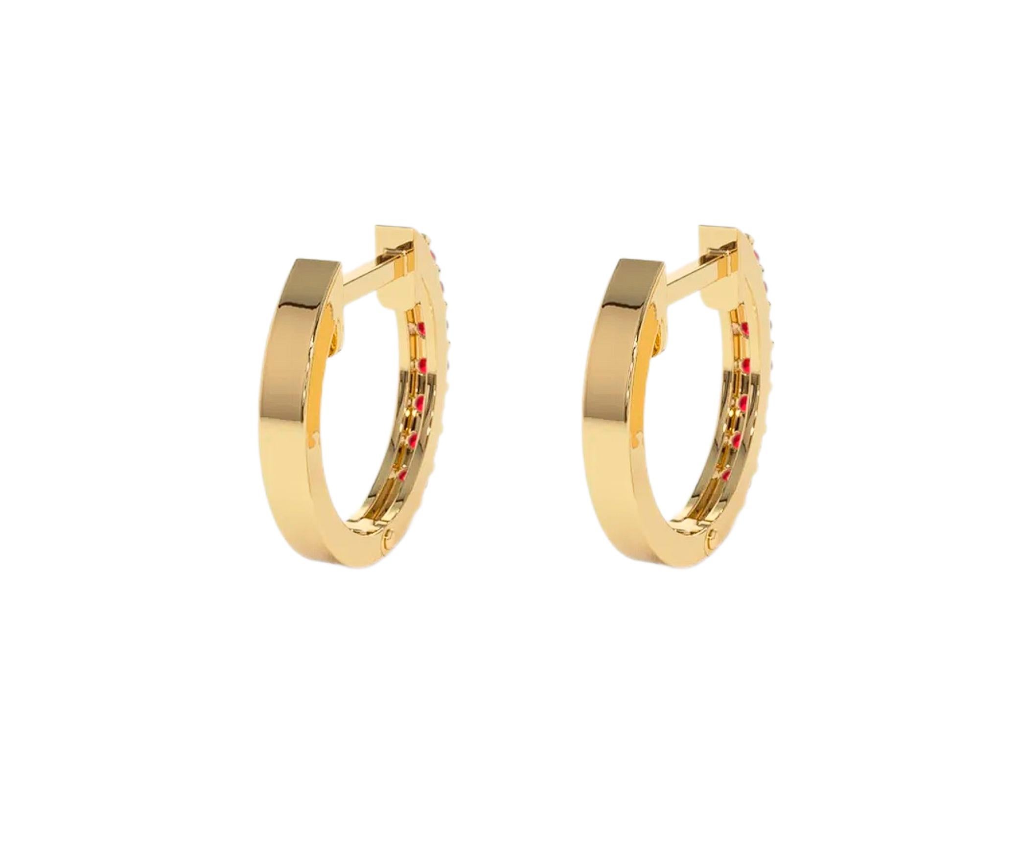Women's Huggy Hoop Earrings with red gems  in 14k gold  For Sale