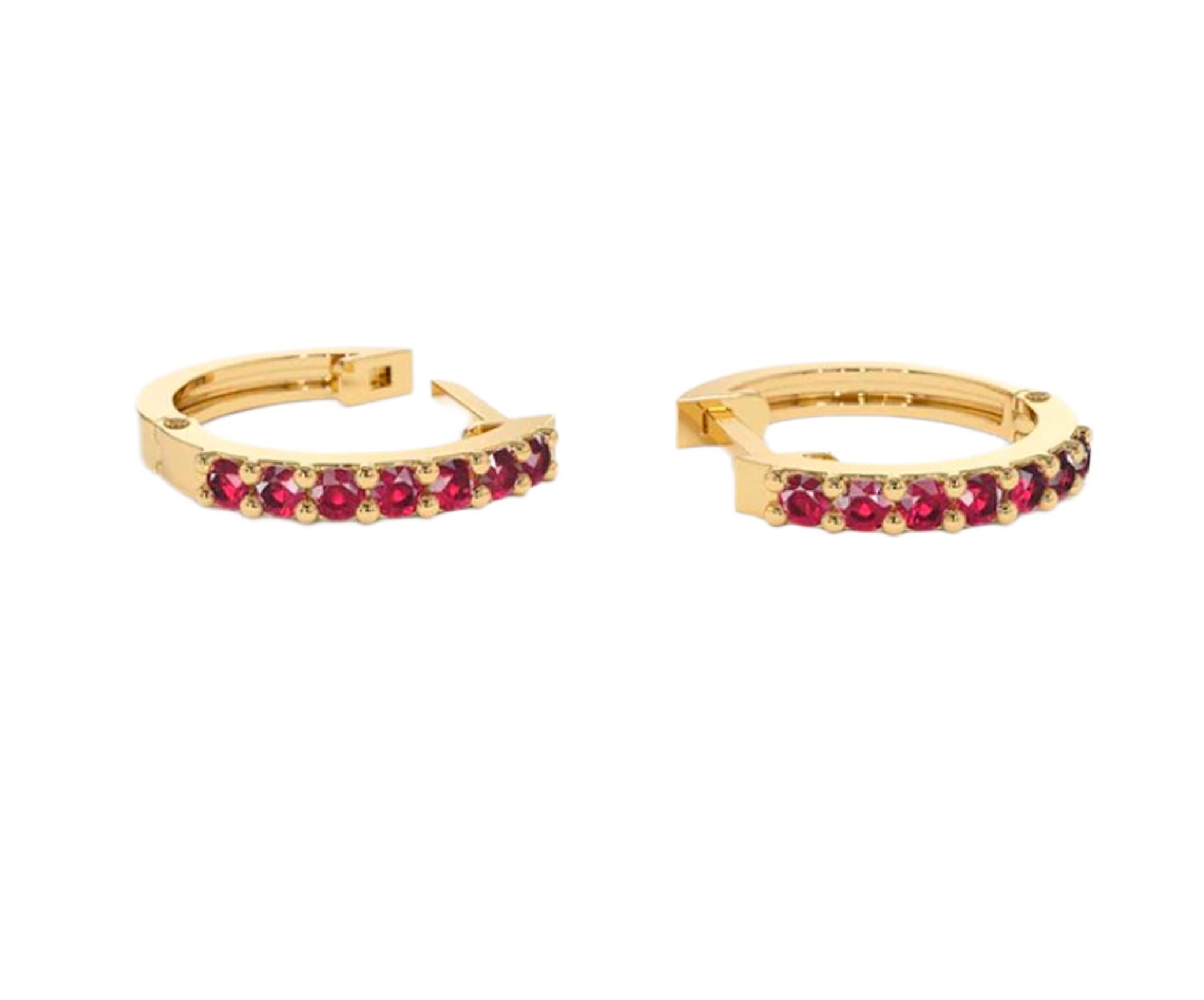 Hoop Earrings with Lab Rubies, Huggy Hoop Ruby Earrings in 14 Karat Gold. For Sale 1