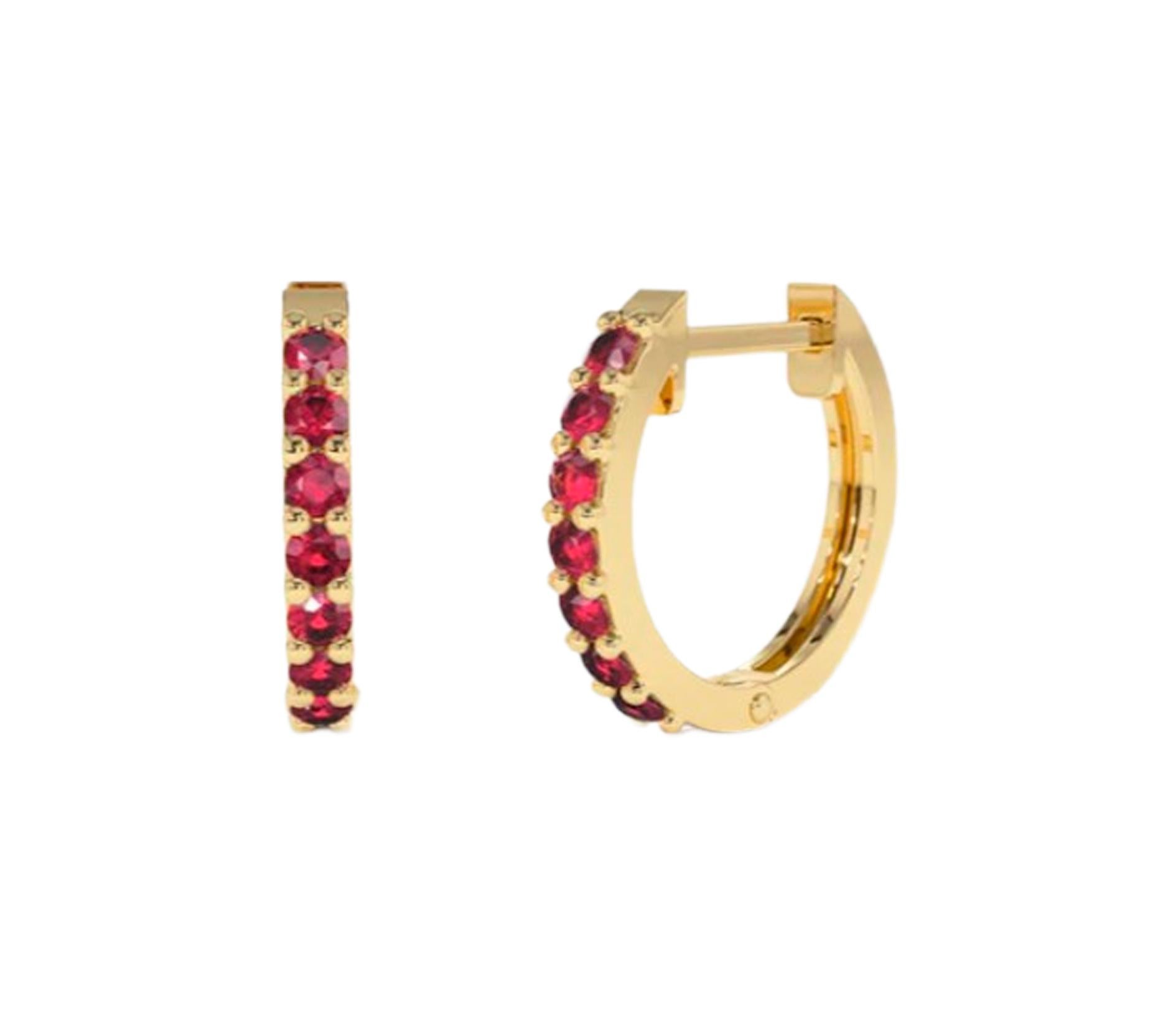 Hoop Earrings with Lab Rubies, Huggy Hoop Ruby Earrings in 14 Karat Gold. For Sale 3