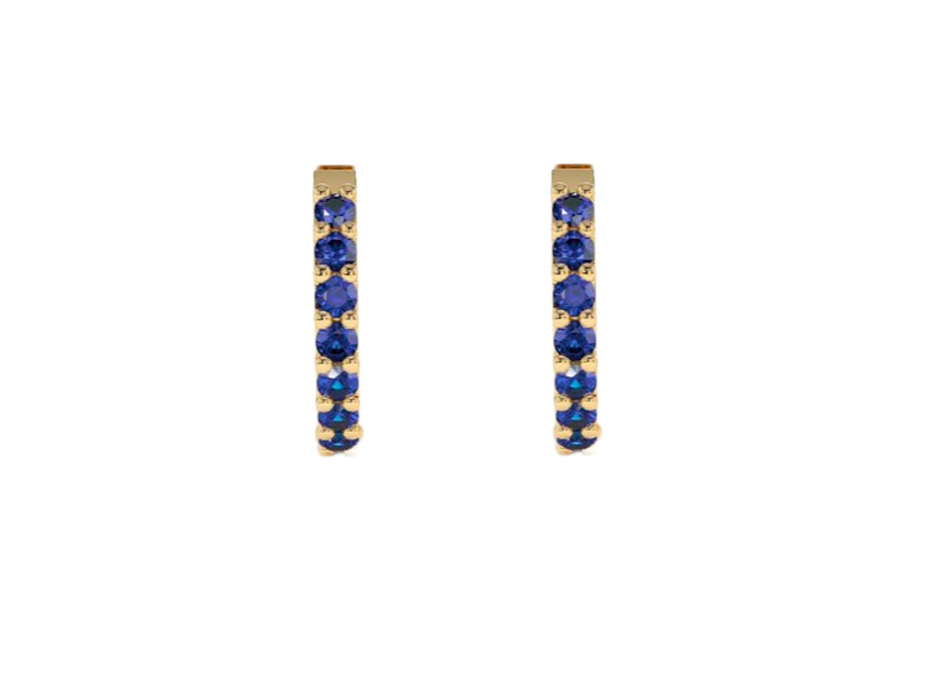 Modern Huggy Hoop Earrings with blue gemstones n 14k gold  For Sale