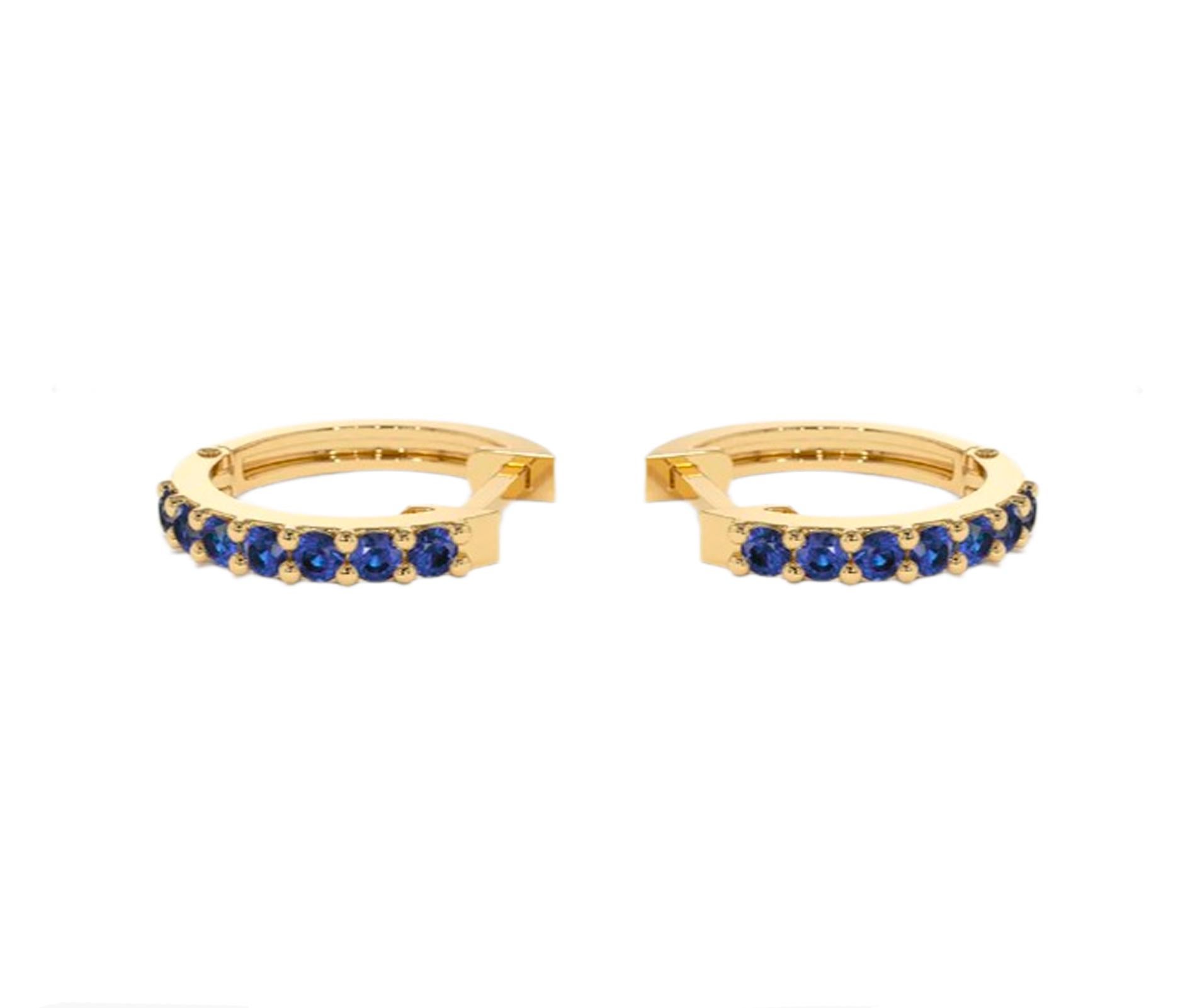 Huggy Hoop Earrings with blue gemstones n 14k gold  For Sale 2