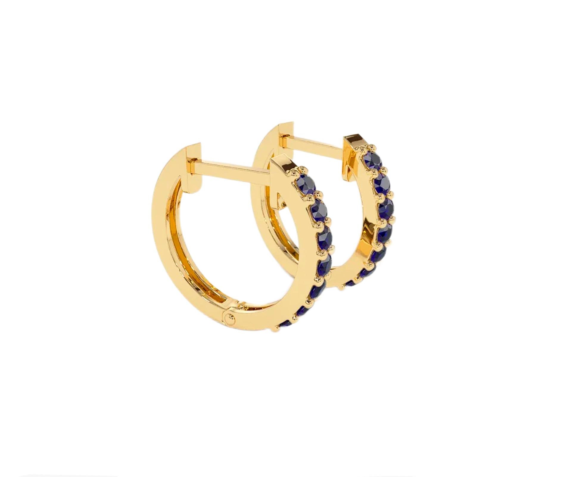 Huggy Hoop Earrings with blue gemstones n 14k gold  For Sale 3