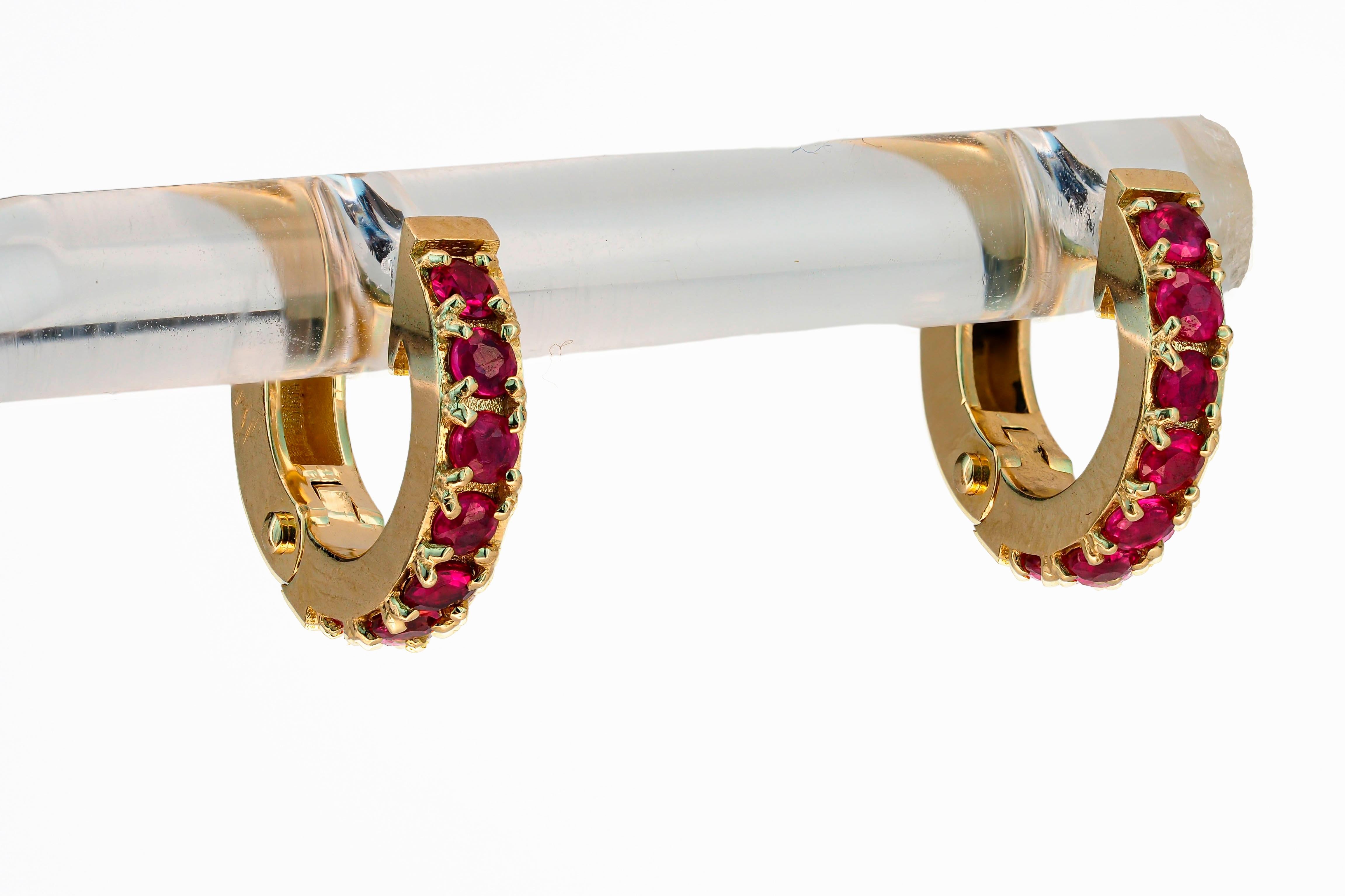 Taille ronde Boucles d'oreilles avec rubis, boucles d'oreilles avec rubis en or 14 carats