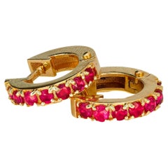 Hoop Earrings with Rubies, Ruby Earrings in 14 Karat Gold