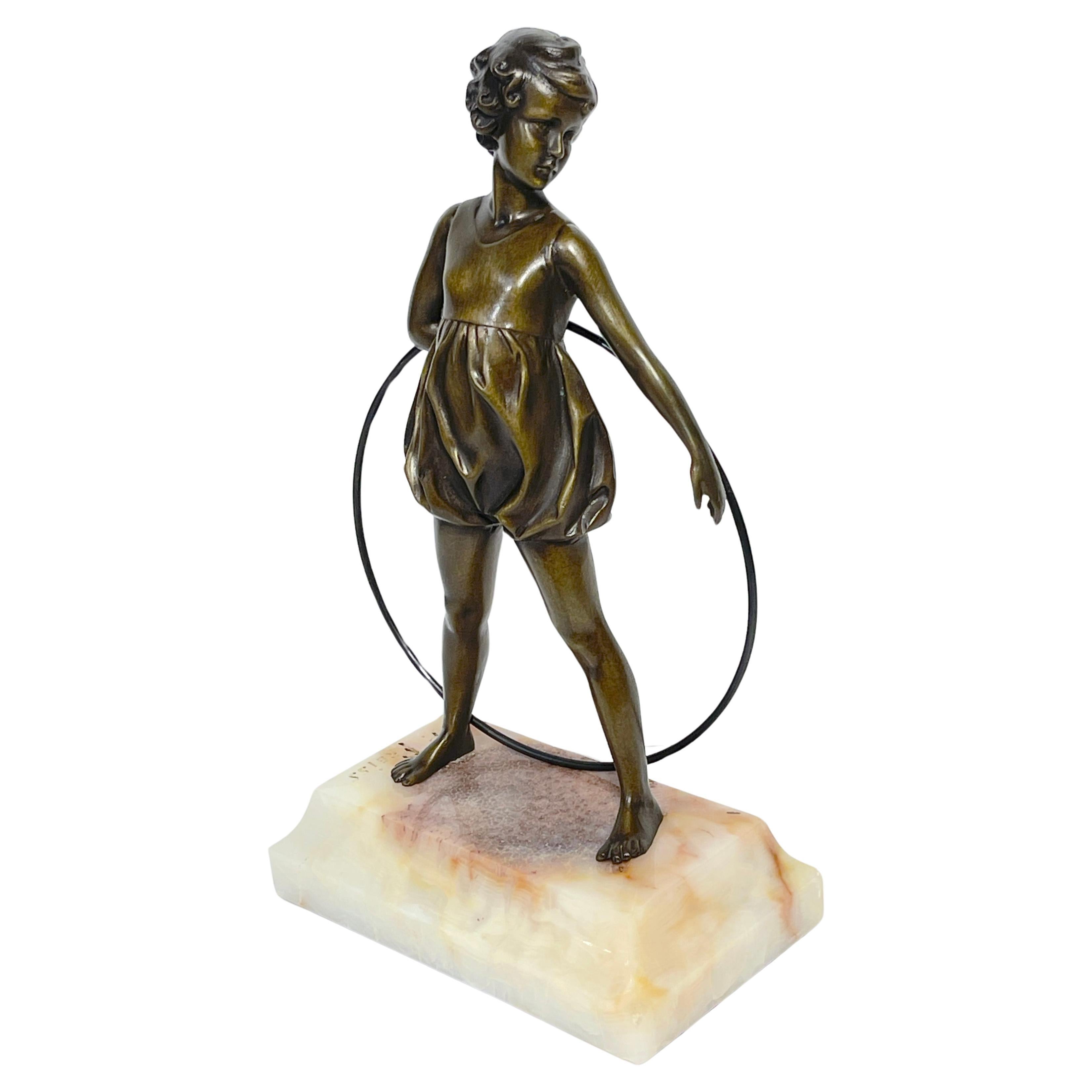 'Hoop Girl' Art Deco Bronze Sculpture Signed Ferdinand Preiss (1882-1943) For Sale