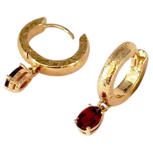 Hoop Hammered 18kt Yellow Gold Garnet Earrings By Rossella Ugolini Made in Italy