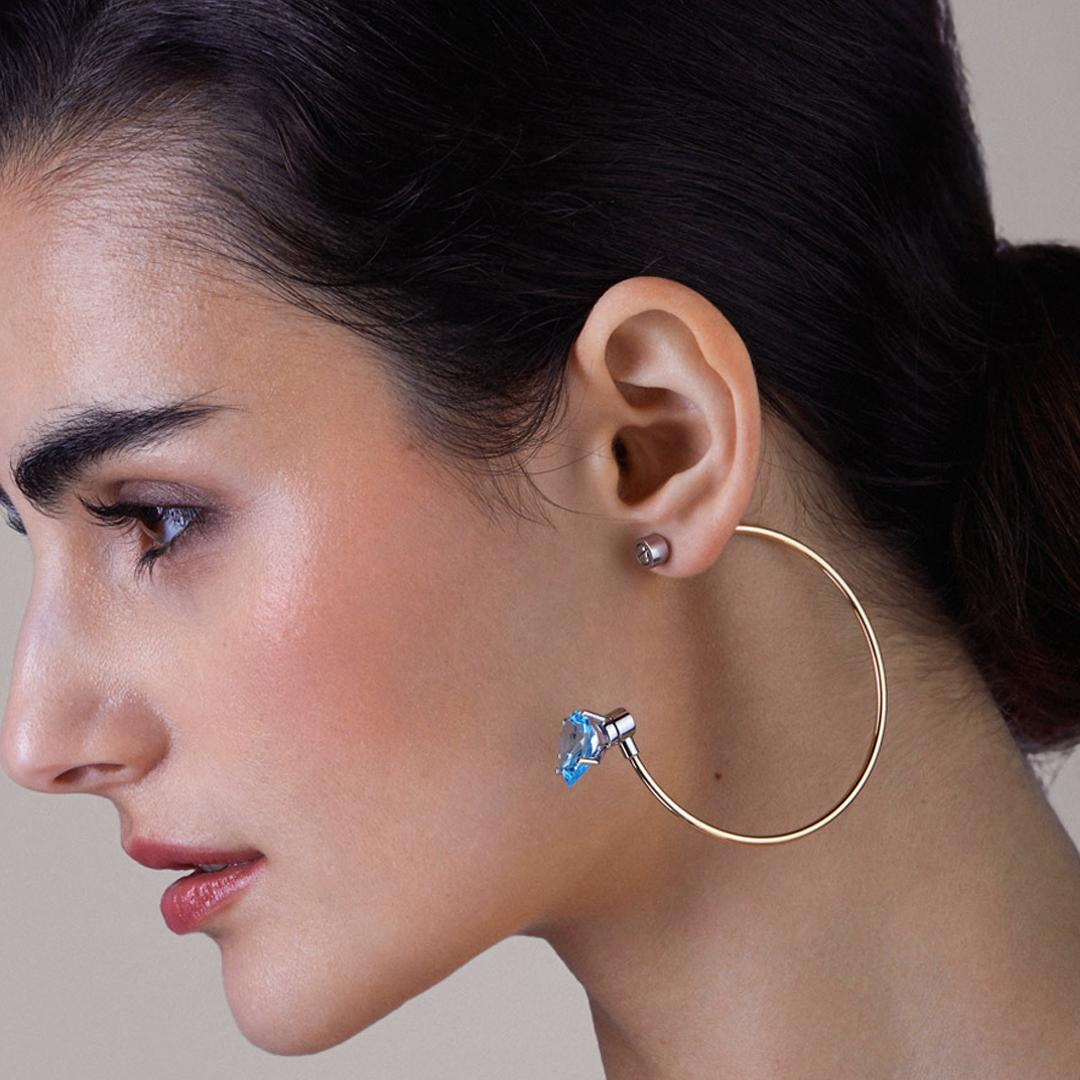 Pear Cut Hoop Mono Earring with Blue Sky Topaz Removable, 18k For Sale