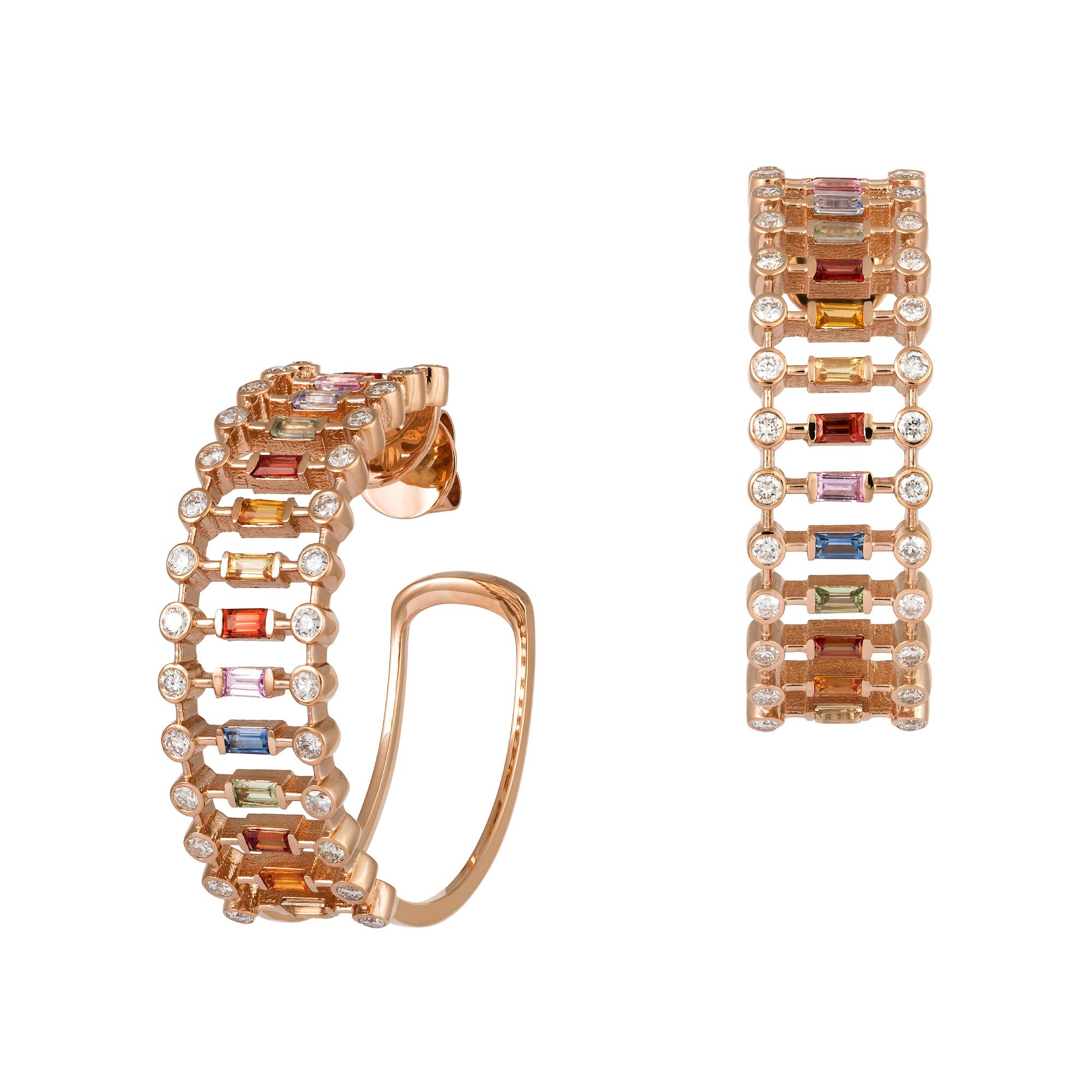 Modern Hoop Pink Gold 18K Earrings Diamond Multi Sapphire for Her For Sale