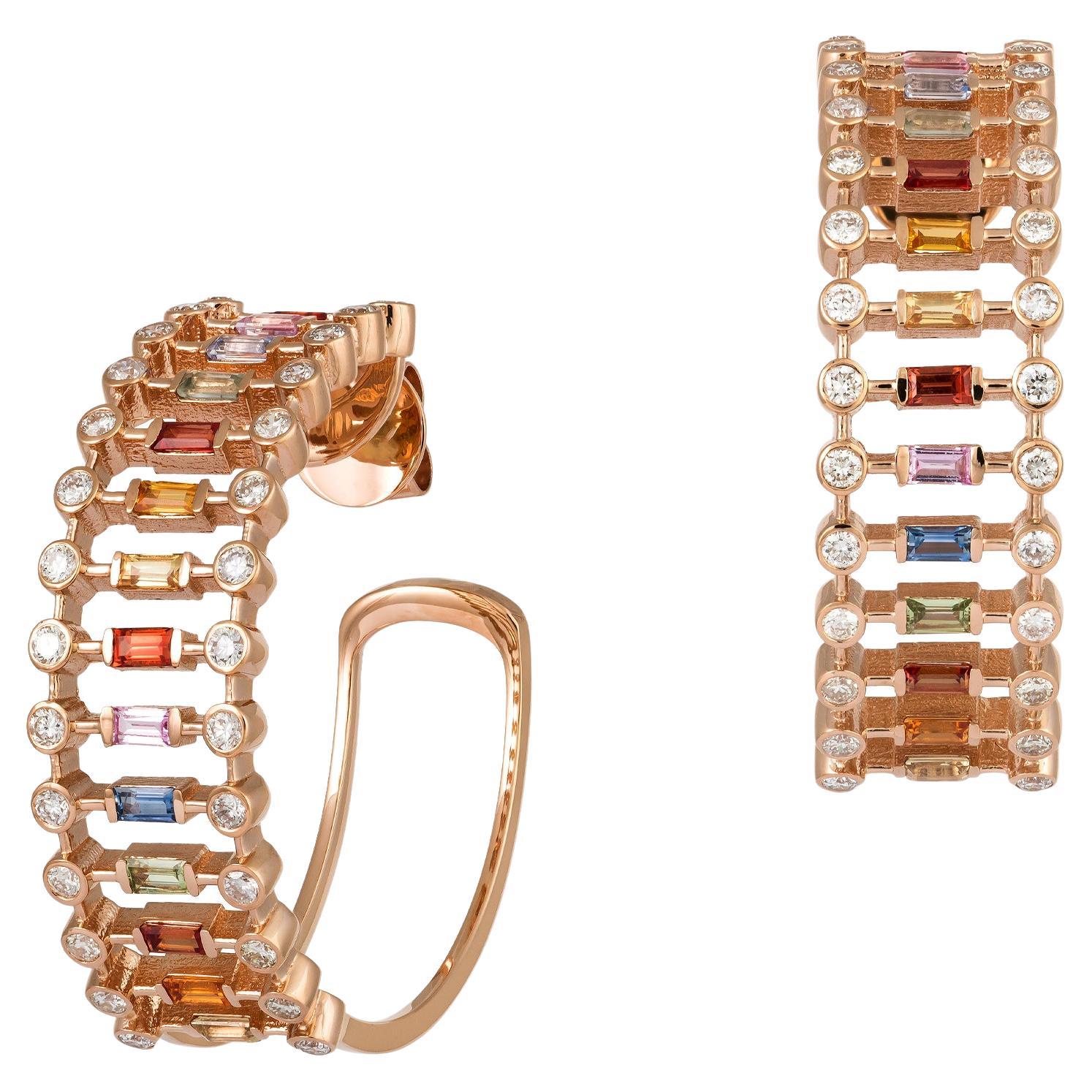 Creolen Pink Gold 18K Ohrringe Diamant Multi Saphir für Sie im Angebot