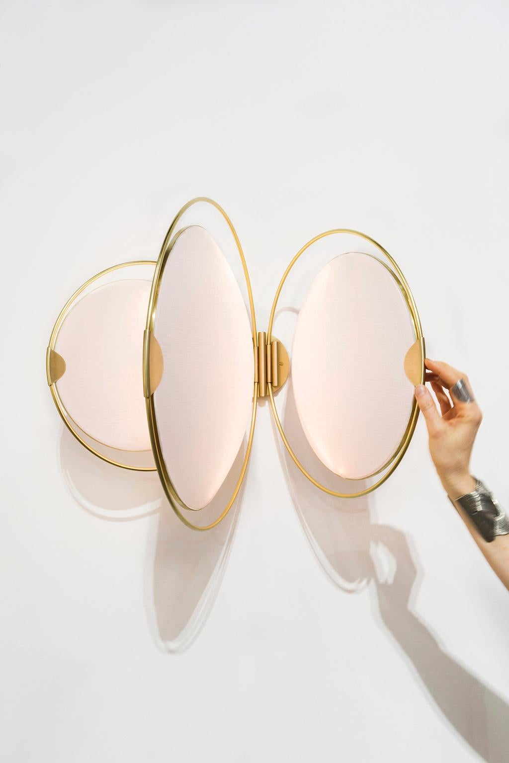 Contemporary Hoop Shade Sconce, Modern Kinetic Circular Brass & Linen Wall Mounted Sconce For Sale