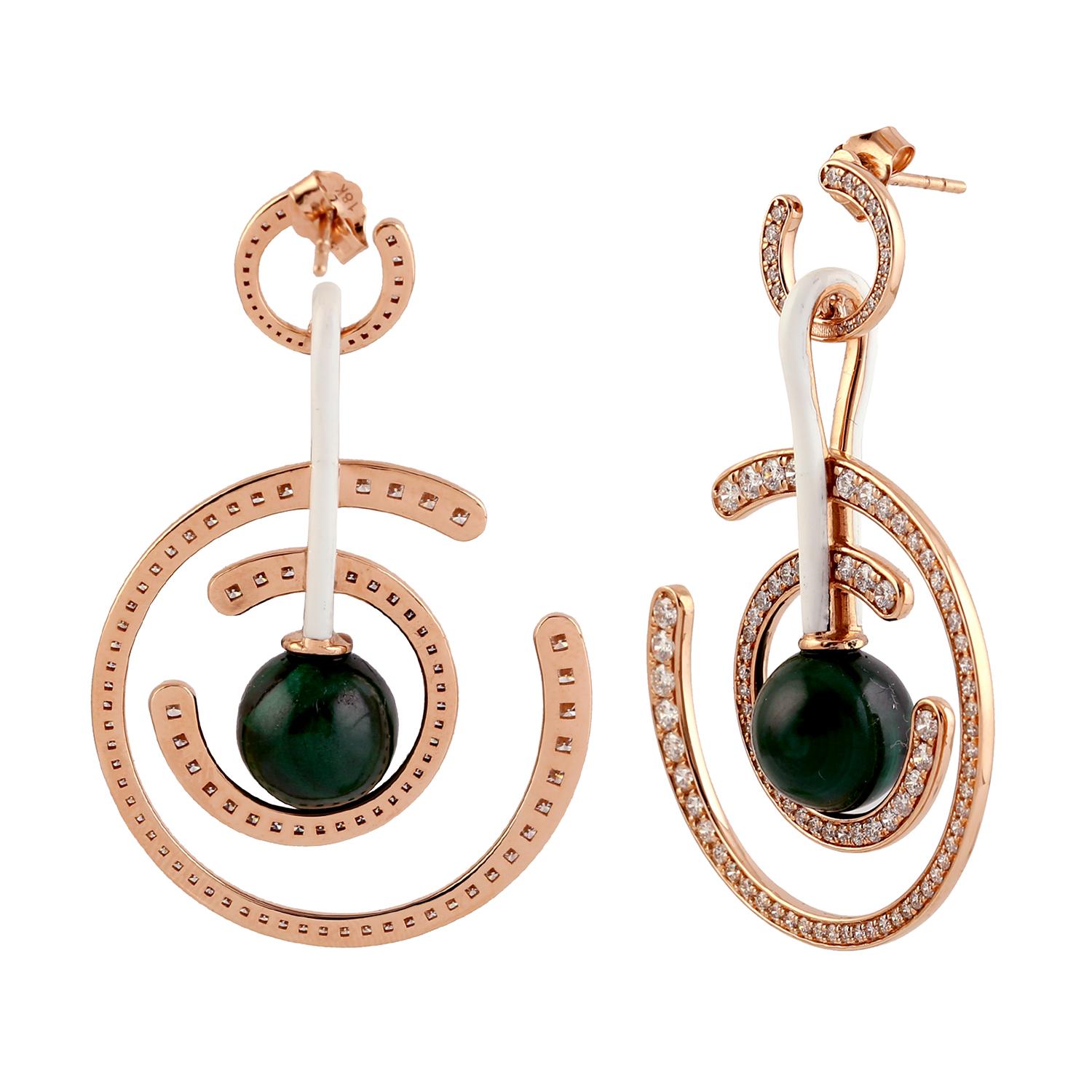 Modern Hoop Style Earring with Open Round Concept and Malachite Ball Hanging on Ceramic For Sale