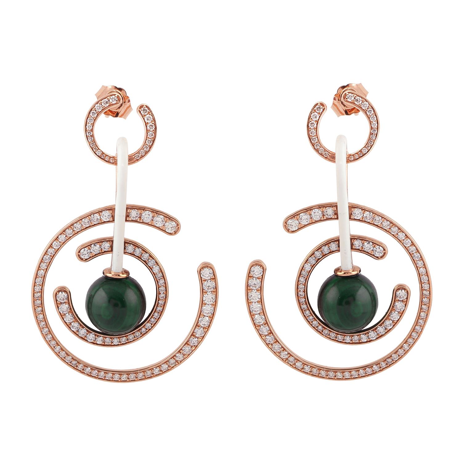 Mixed Cut Hoop Style Earring with Open Round Concept and Malachite Ball Hanging on Ceramic For Sale