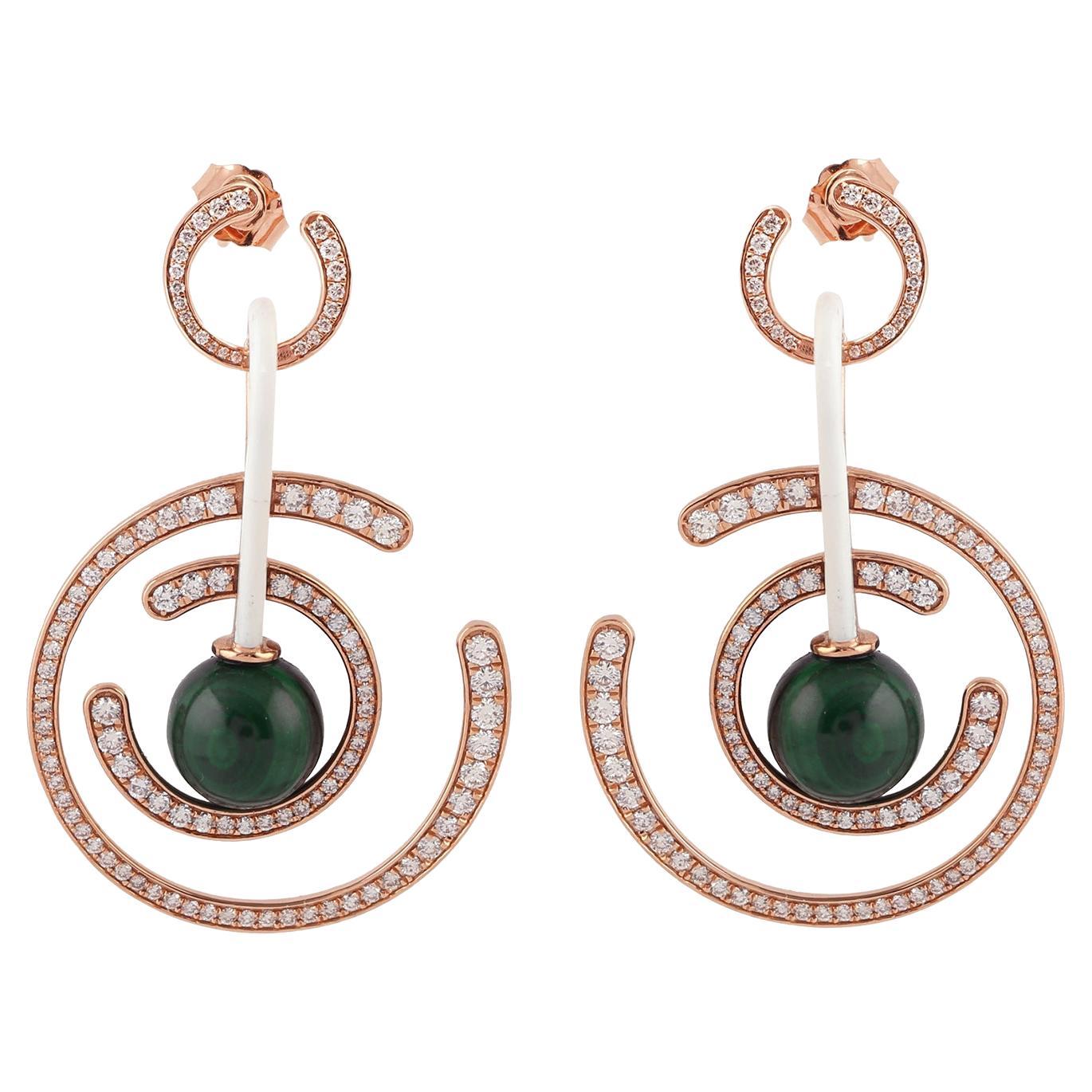 Hoop Style Earring with Open Round Concept and Malachite Ball Hanging on Ceramic For Sale