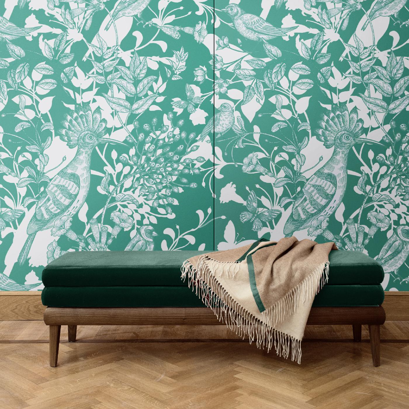 In this mesmerizing decoration, a scene with European birds, flying butterflies, and delicate flowers is exquisitely depicted in green and grey. Of strong visual impact, this wall covering will be eye-catching in any interior, adding a dramatic