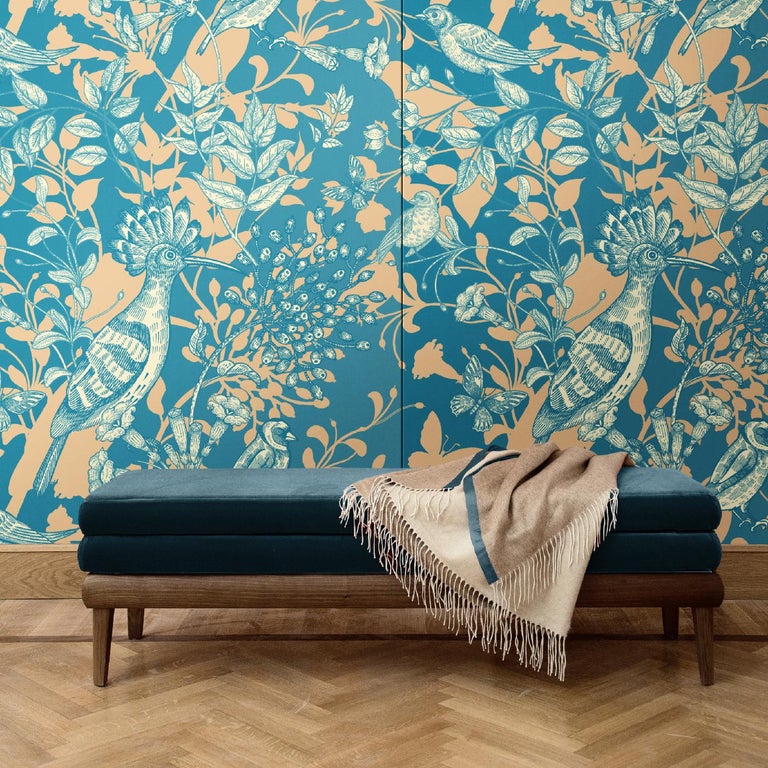 A dramatic and sophisticated accent to any wall in the house, this eclectic wall covering will make an impact in both a Classic and a contemporary interior. It features a hoopoe bird, surrounded by other small birds, flying butterflies, and flowers,